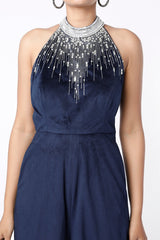 Versierde vlootblou jumpsuit