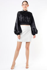 Black Gather Crop Top With Baloon Sleeve
