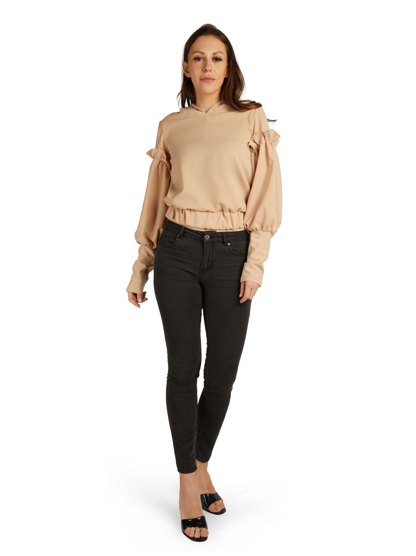 RUFFLE SLEEVE HOODIE TOP
