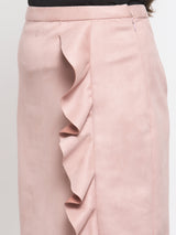 Pink Suede Skirt With One Side Ruffle