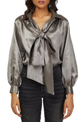 Shiny Silver Satin Top With Neck Tie Up