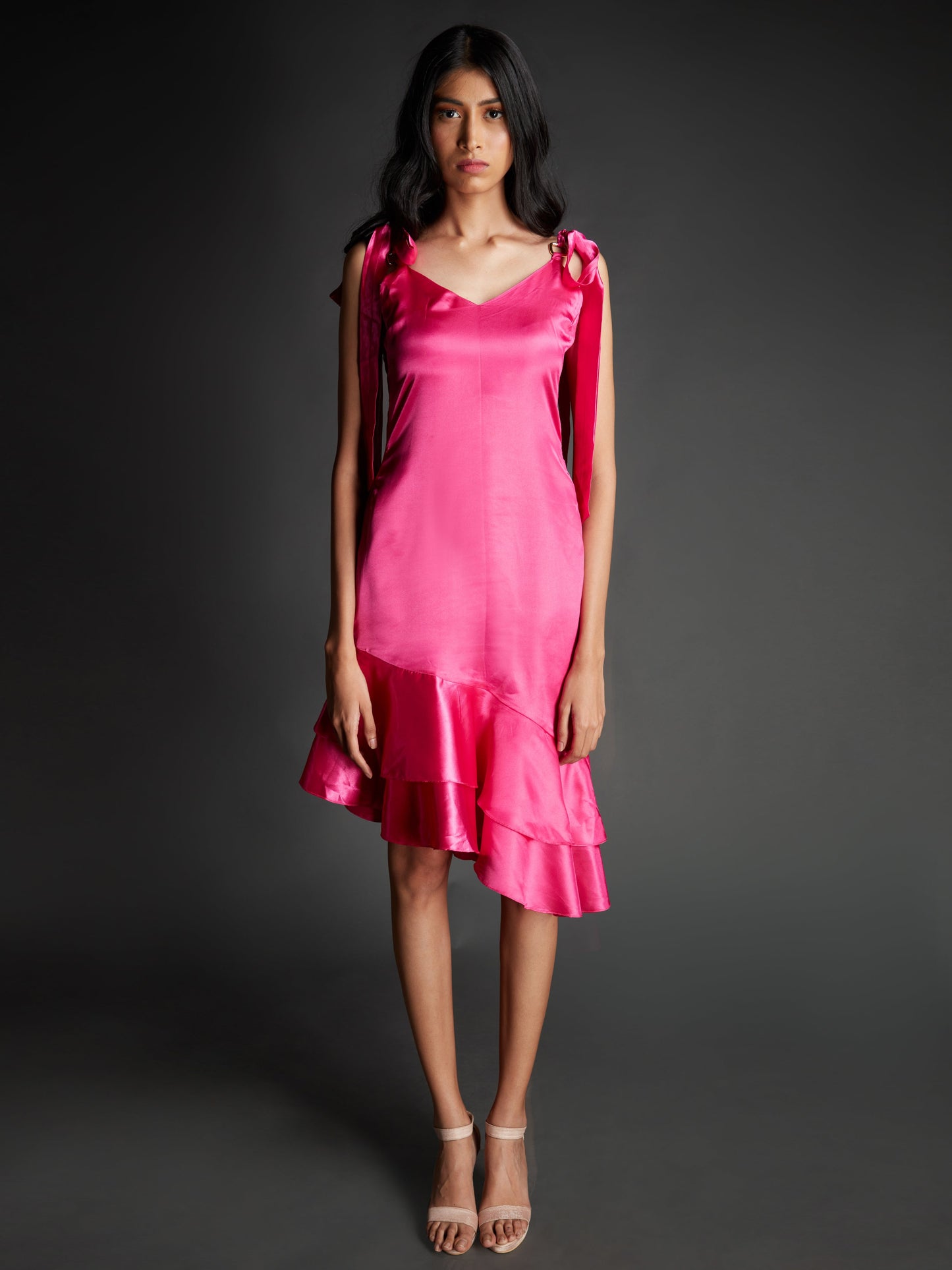 RUFFLE DRESS WITH SHOULDER TIE-UP
