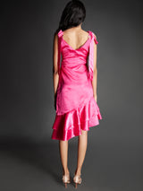 Ruffle Hot Pink Dress With Shoulder Tie-Up