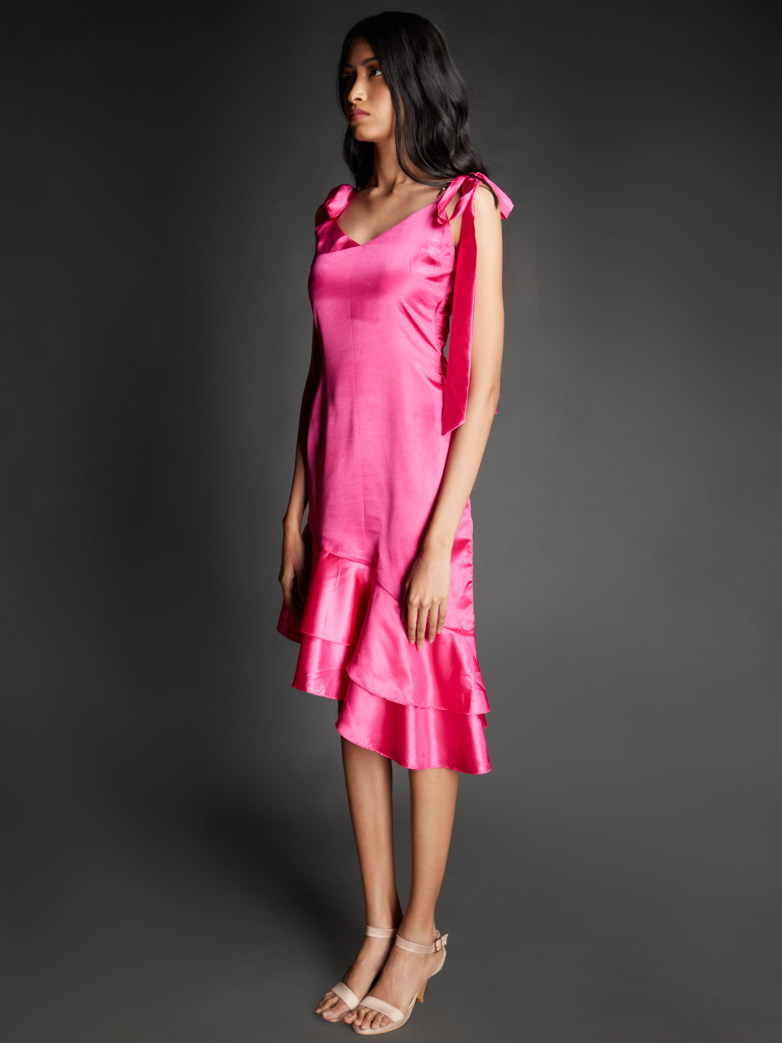 Ruffle Hot Pink Dress With Shoulder Tie-Up