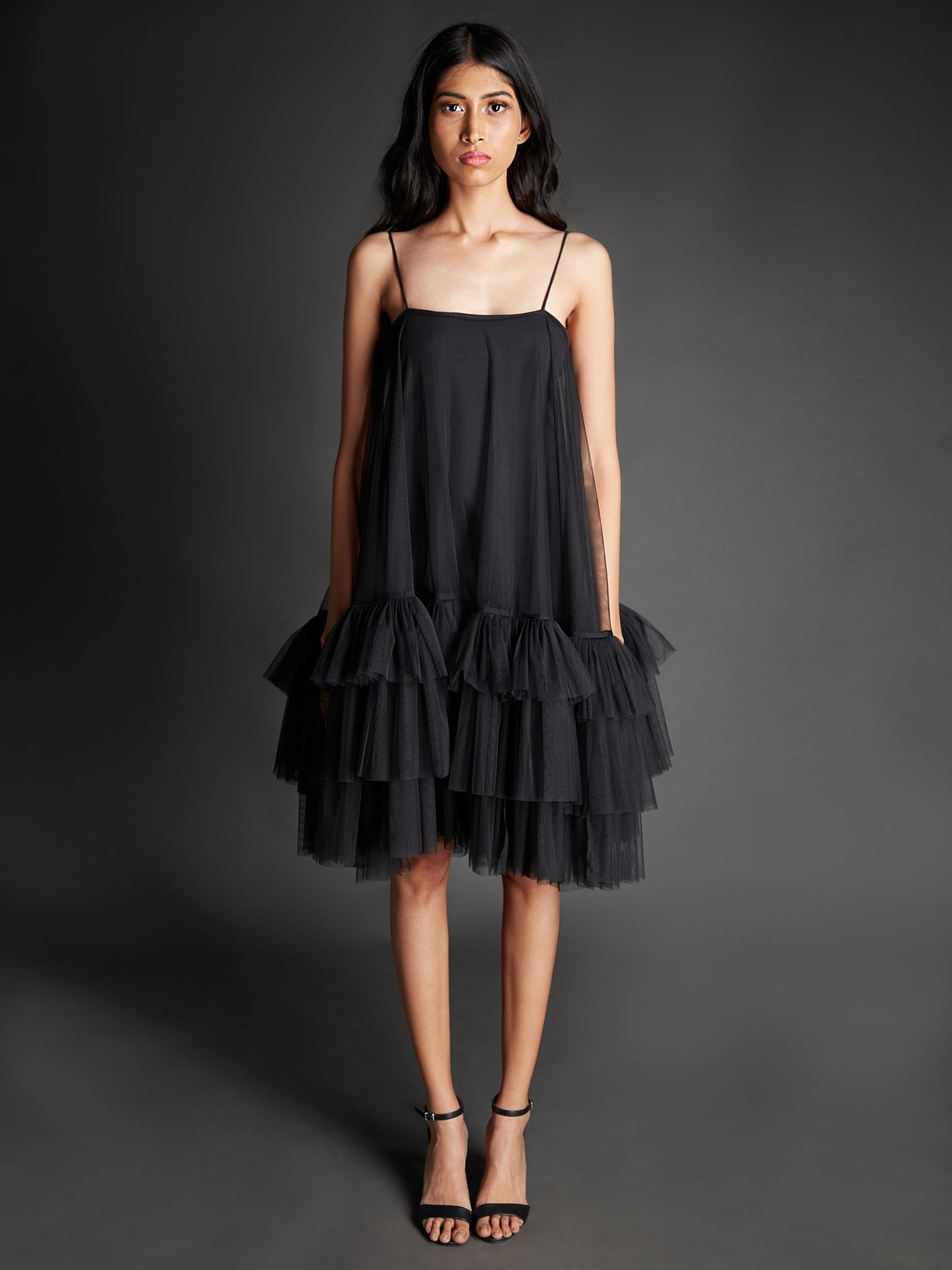 BLACK NET RUFFLE DRESS