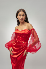 RED CORSET DRAPE GOWN WITH SLEEVES