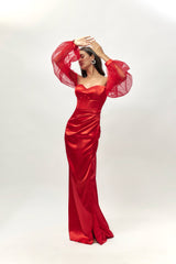 RED CORSET DRAPE GOWN WITH SLEEVES