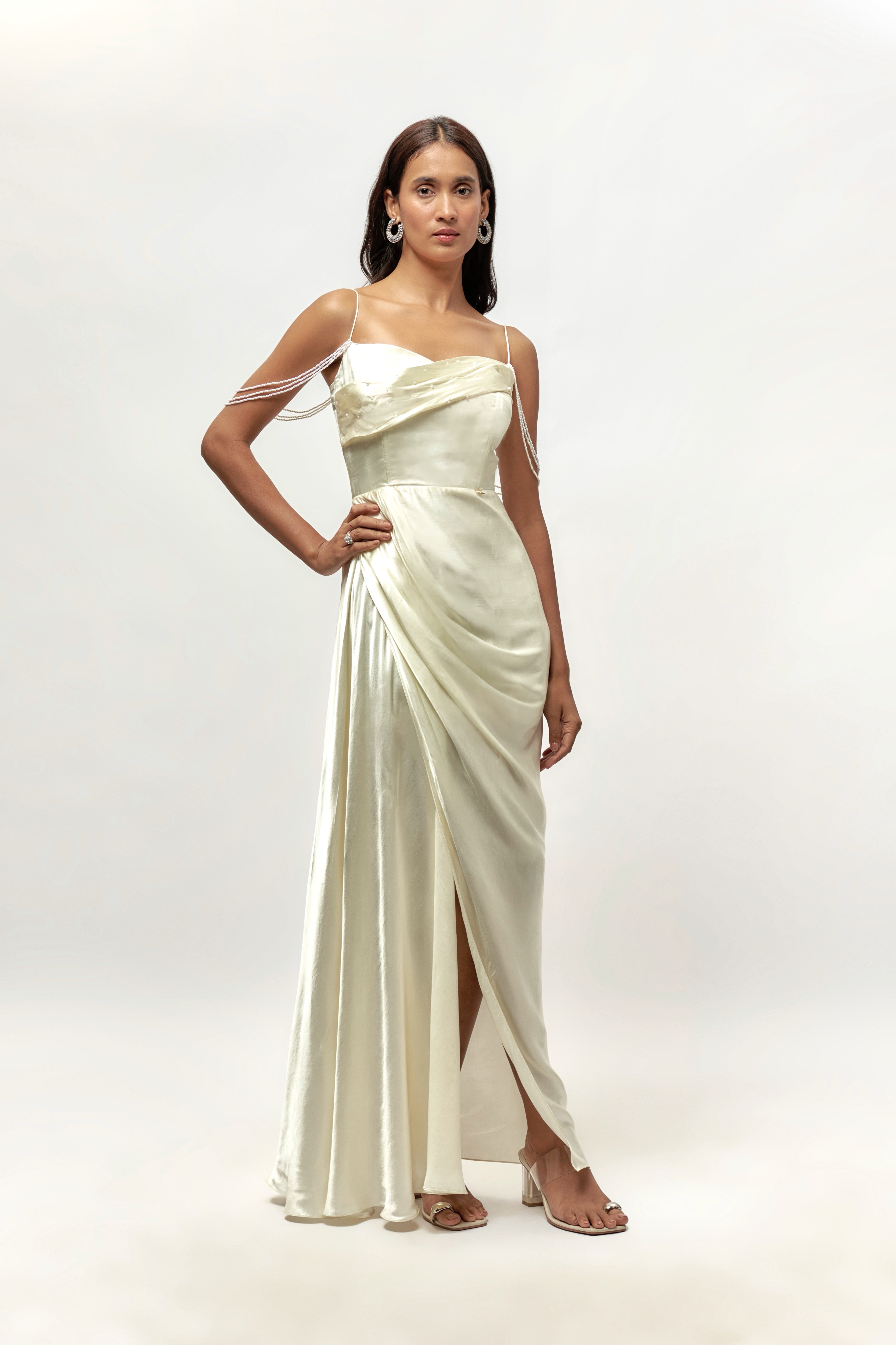 Off white corset drape embellished dress