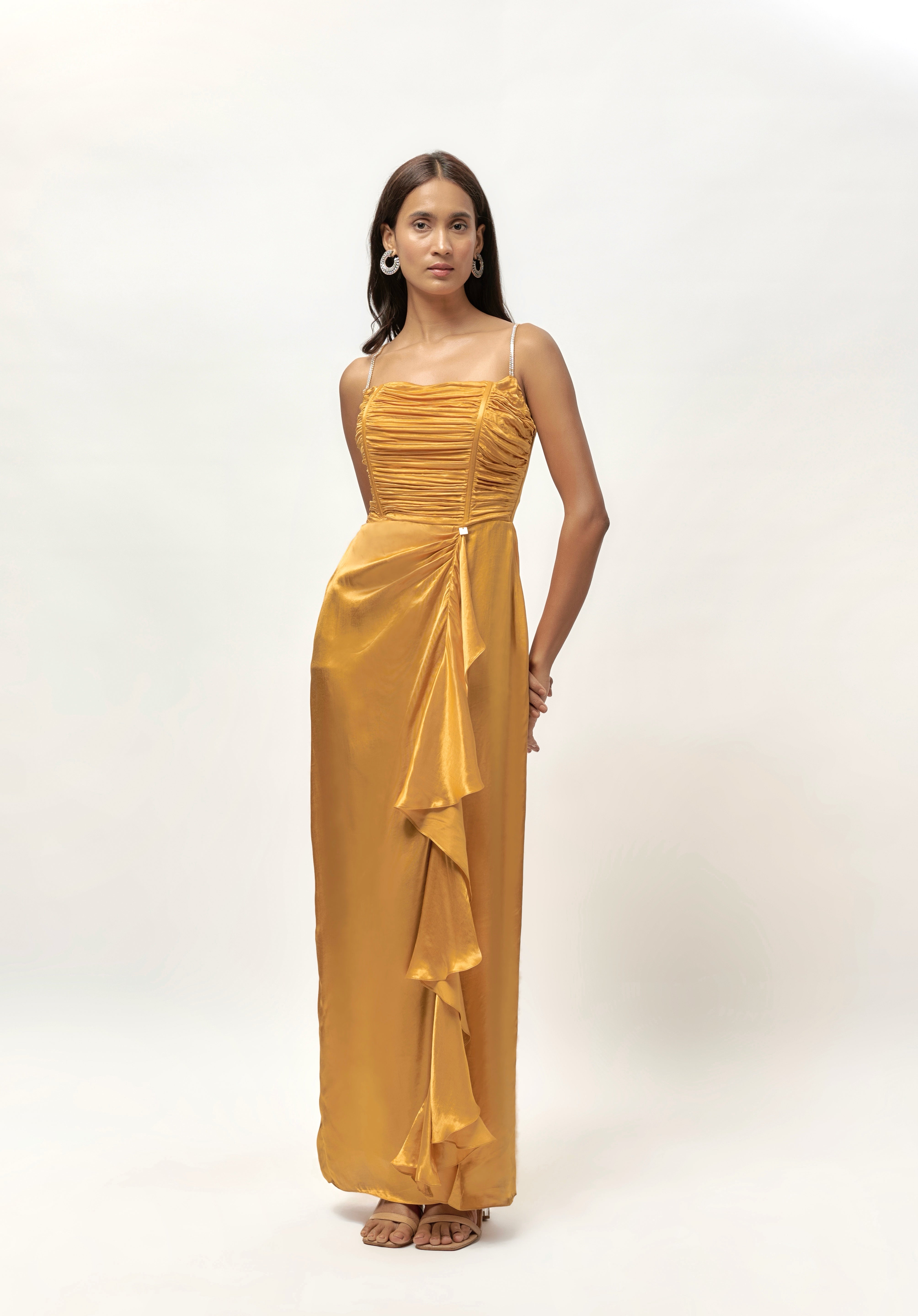 GOLDEN EMBELLISHED CORSET DRAPE DRESS