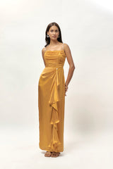 GOLDEN EMBELLISHED CORSET DRAPE DRESS