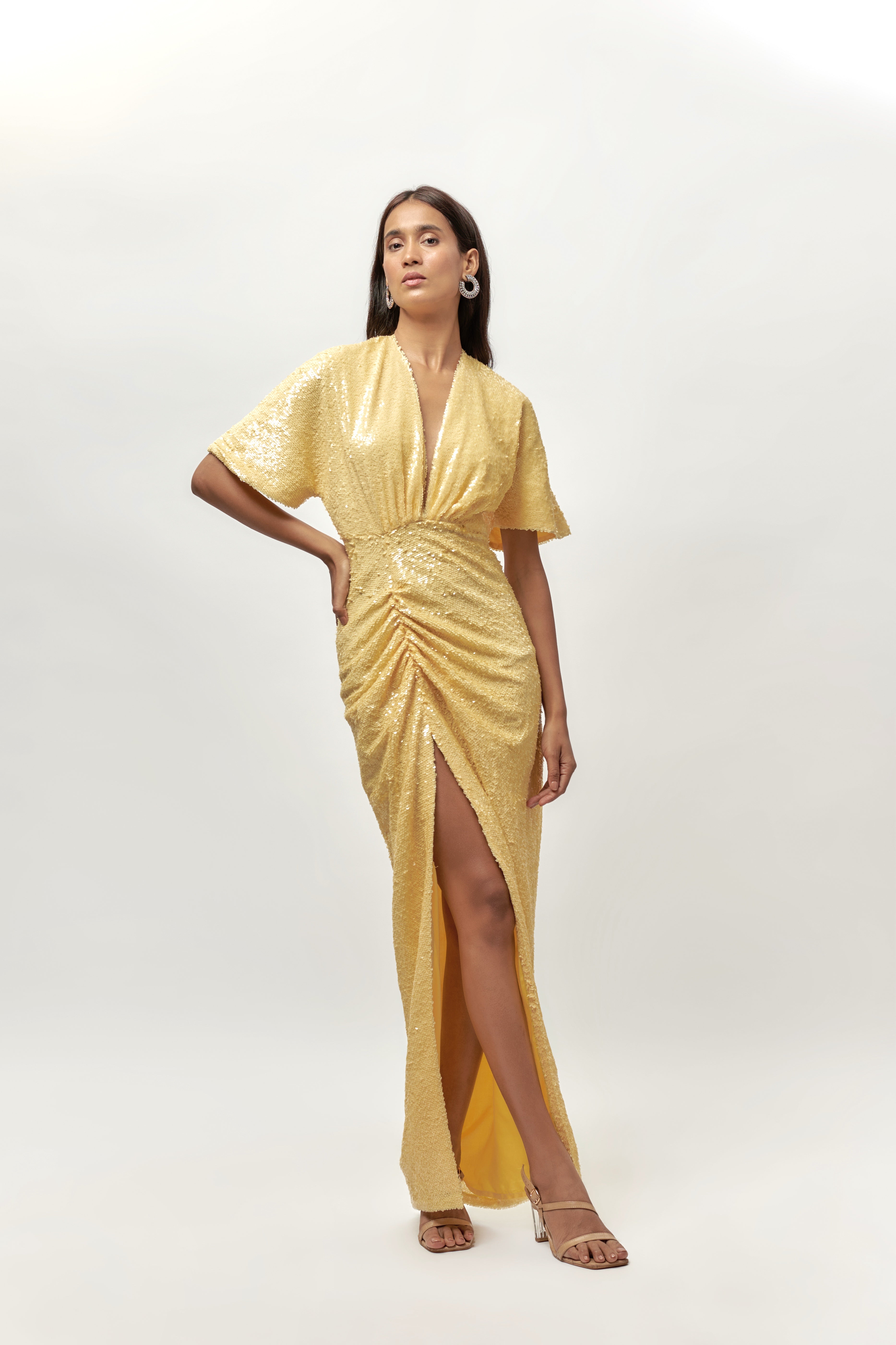 YELLOW SEQUIN DRAPE DRESS