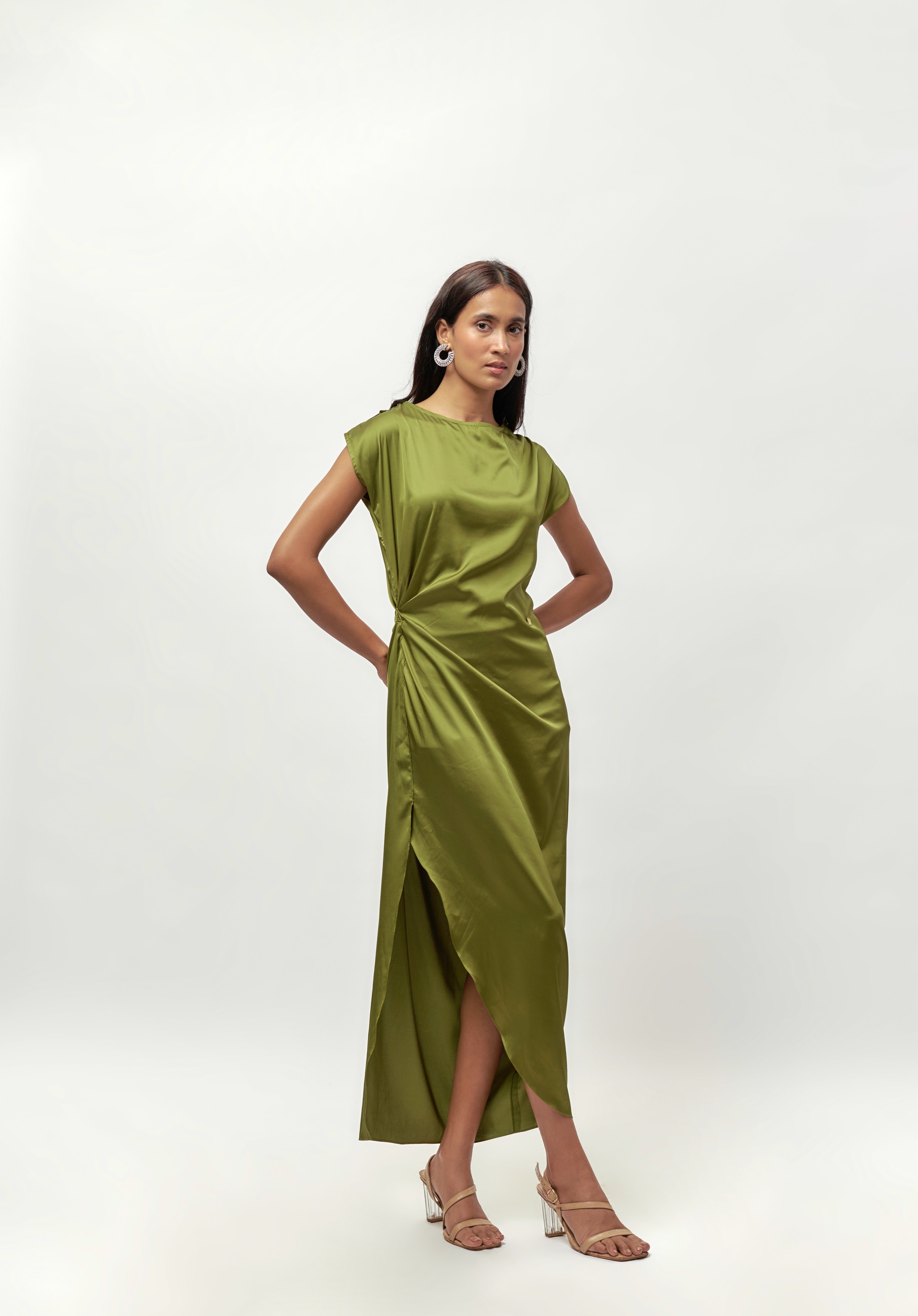 OLIVE GREEN DRAPE SATIN DRESS