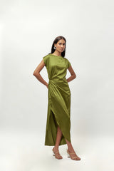 OLIVE GREEN DRAPE SATIN DRESS