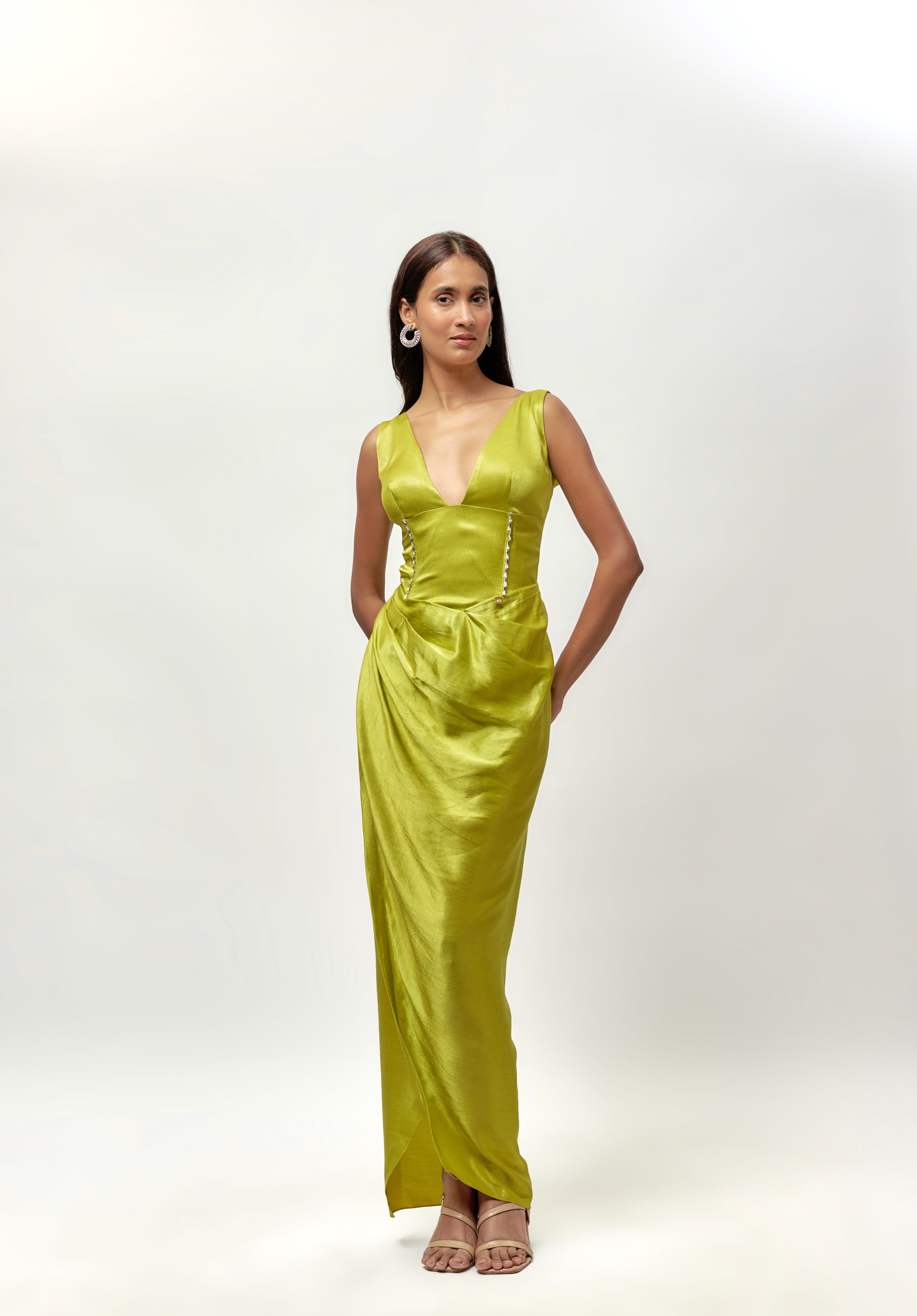 NEON GREEN DRAPE EMBELLISHED GOWN