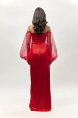 RED CORSET DRAPE GOWN WITH SLEEVES