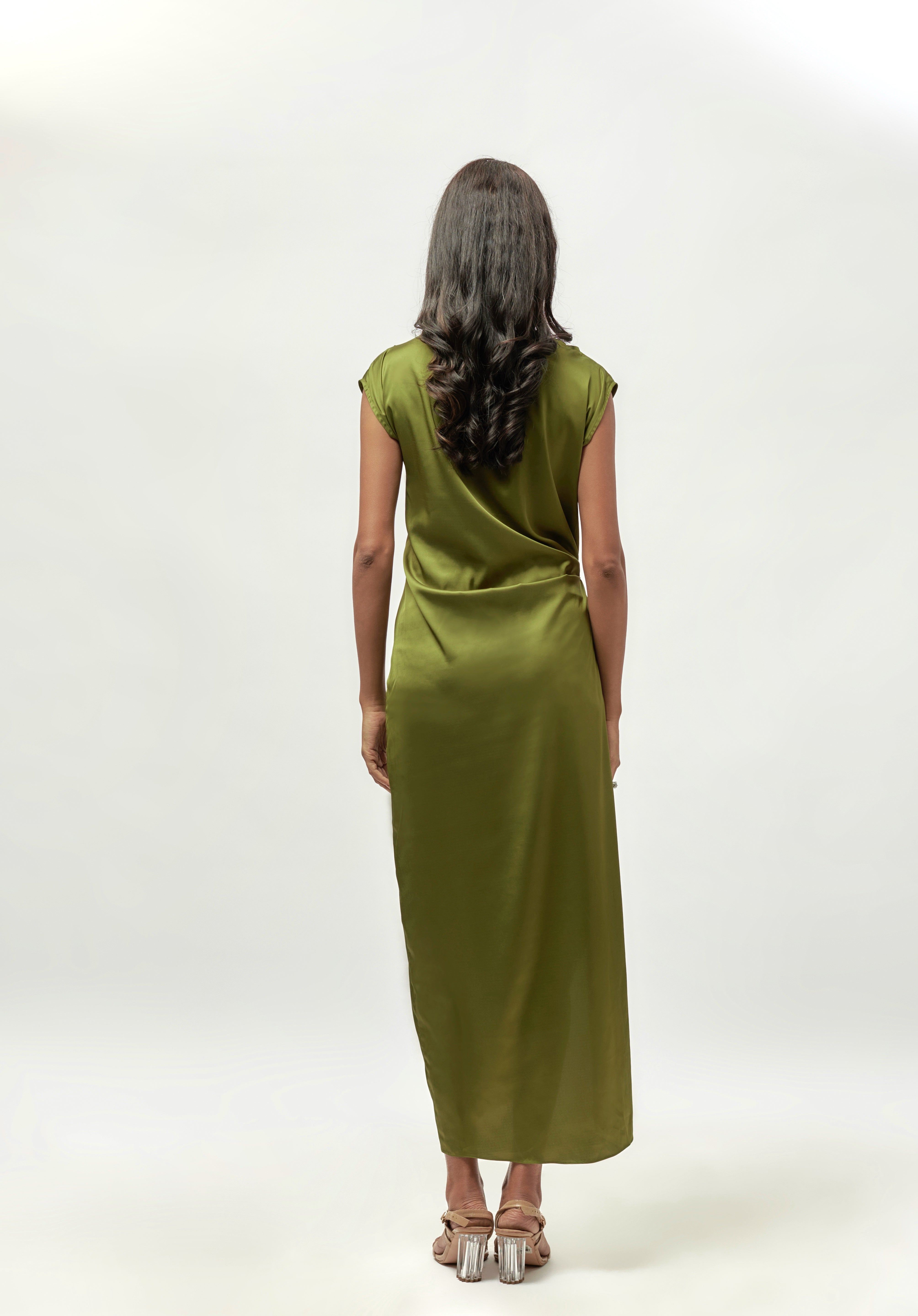 OLIVE GREEN DRAPE SATIN DRESS