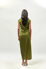 OLIVE GREEN DRAPE SATIN DRESS