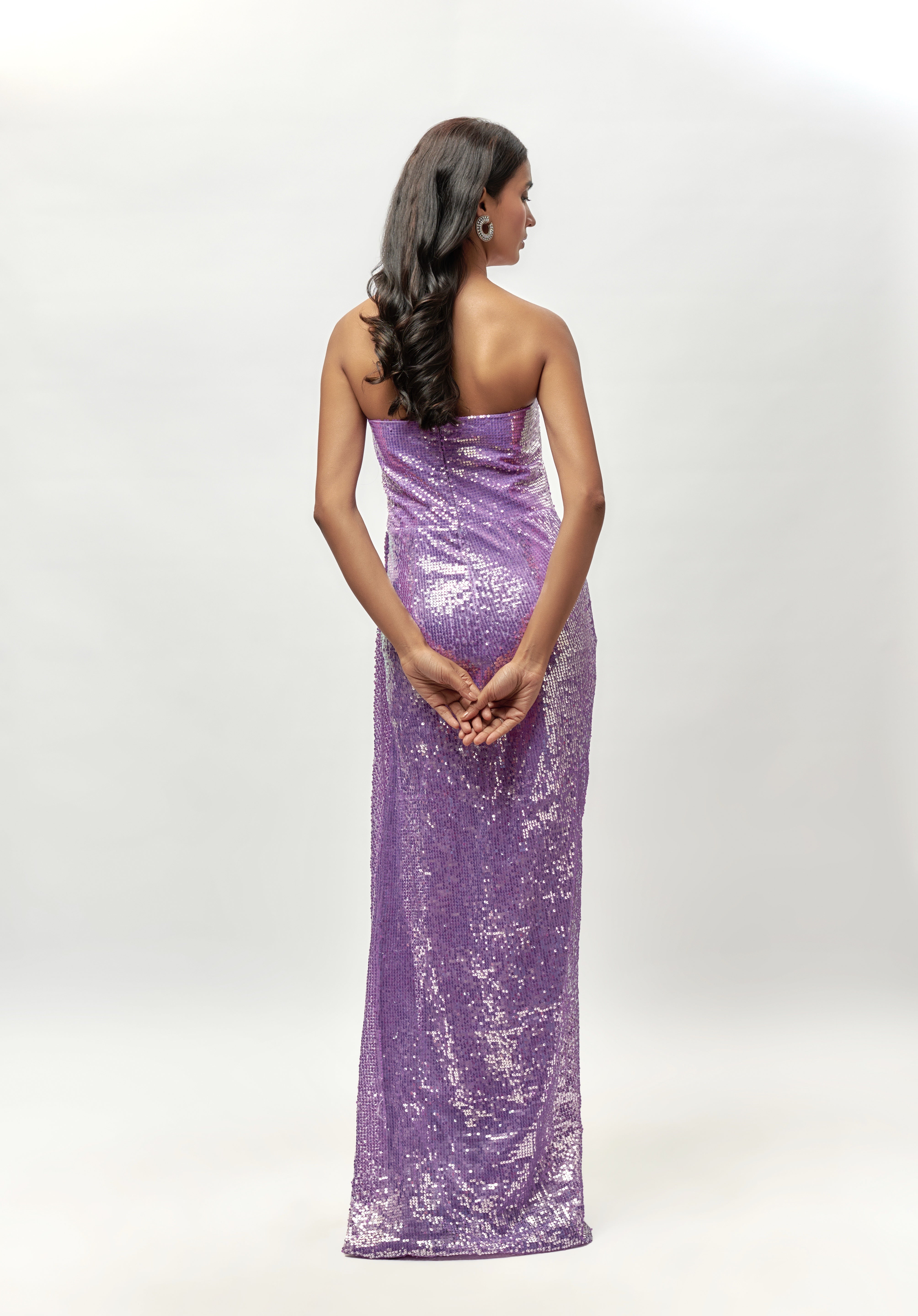 lilac sequin corset drape gown