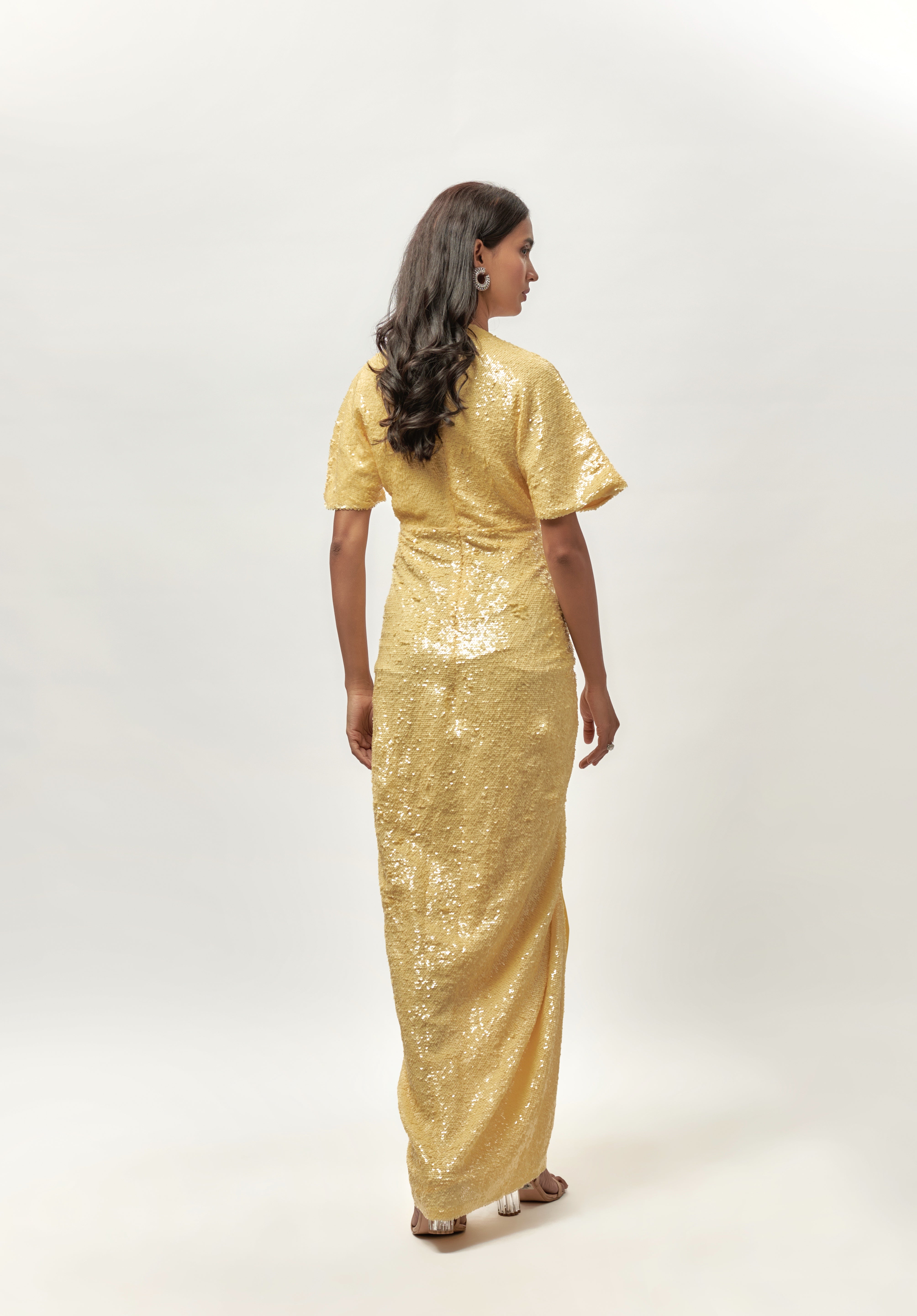 YELLOW SEQUIN DRAPE DRESS