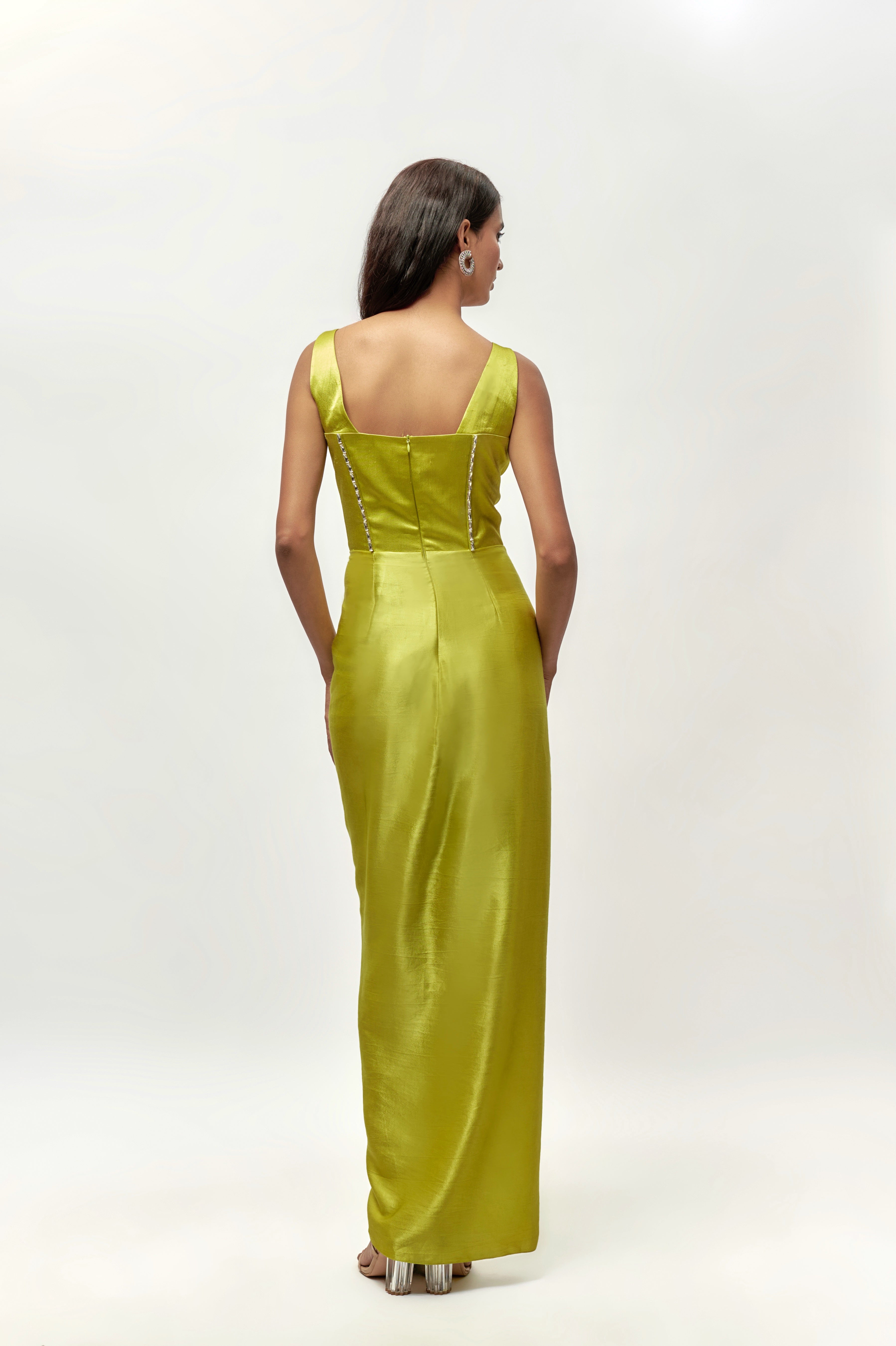 NEON GREEN DRAPE EMBELLISHED GOWN