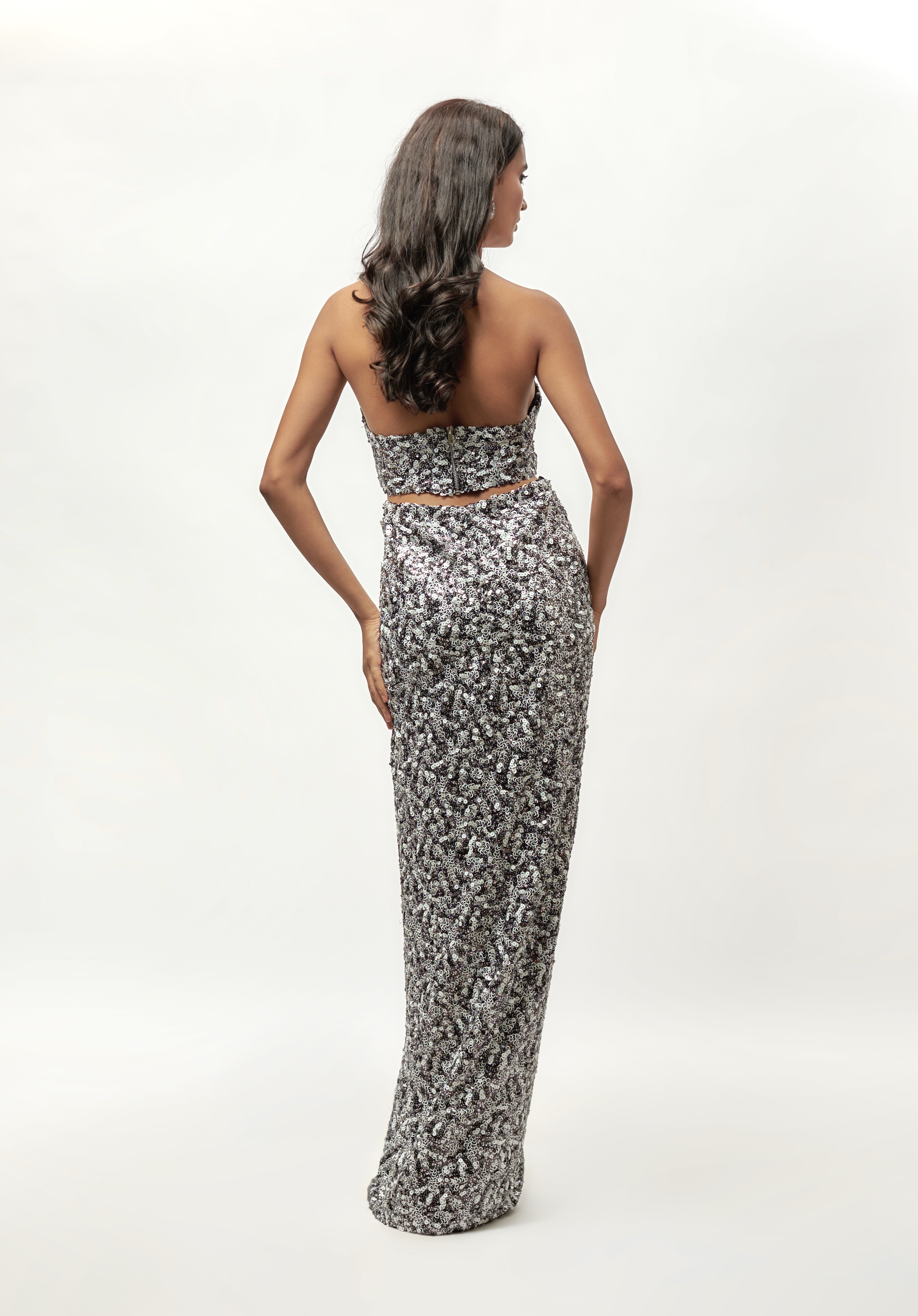 BLACK AND WHITE SEQUIN HALTER NECK CUT OUT GOWN