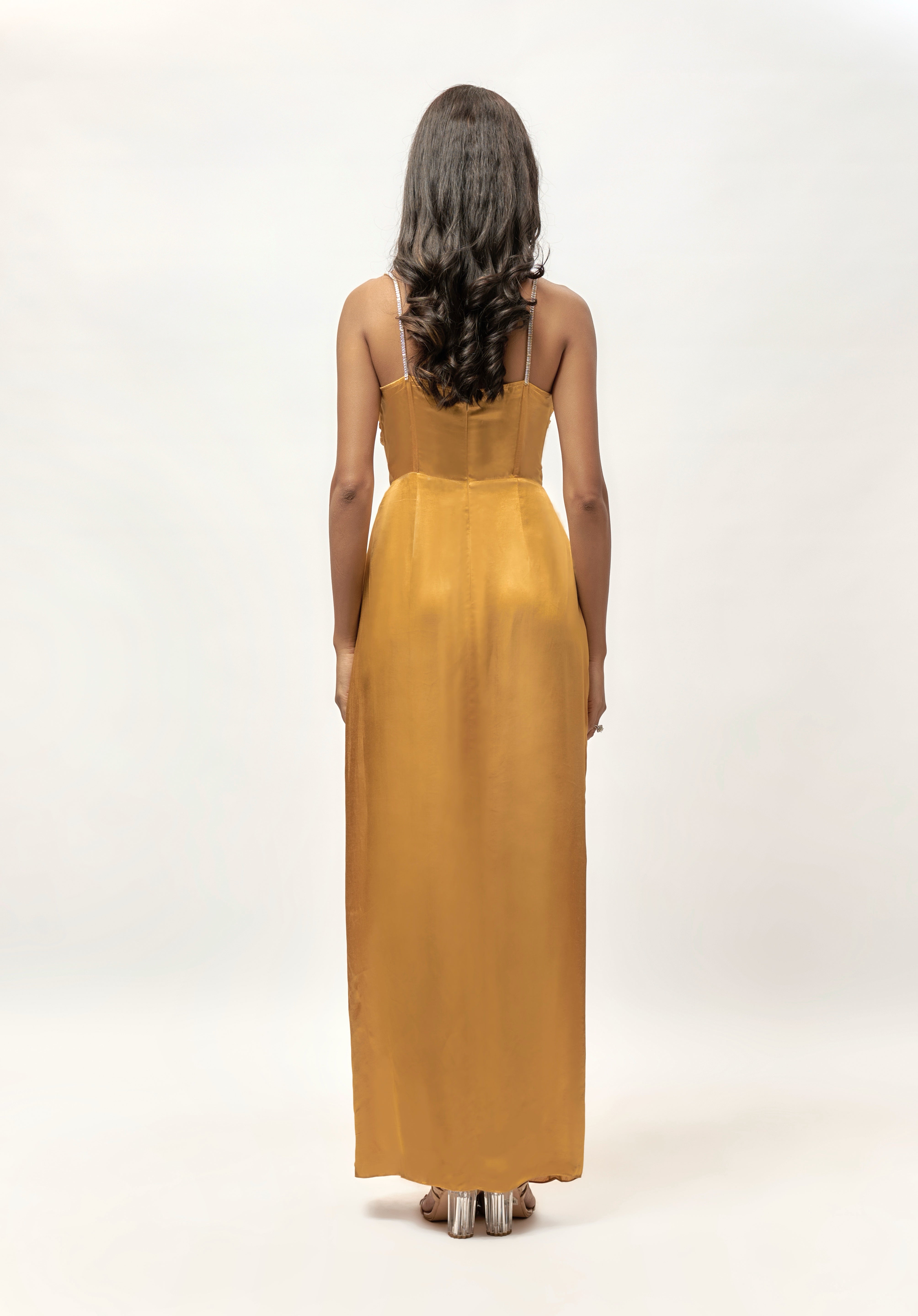 GOLDEN EMBELLISHED CORSET DRAPE DRESS