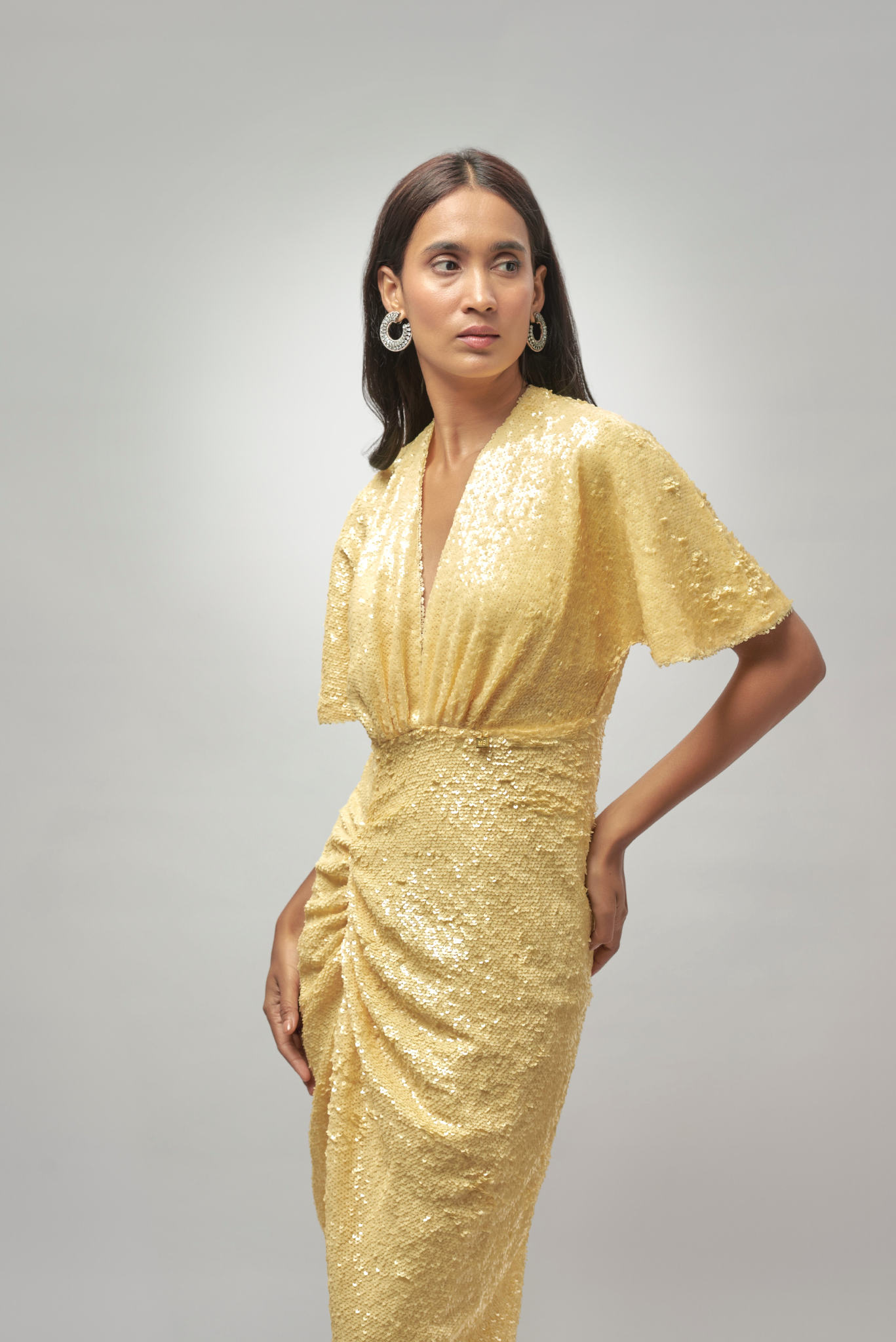 YELLOW SEQUIN DRAPE DRESS