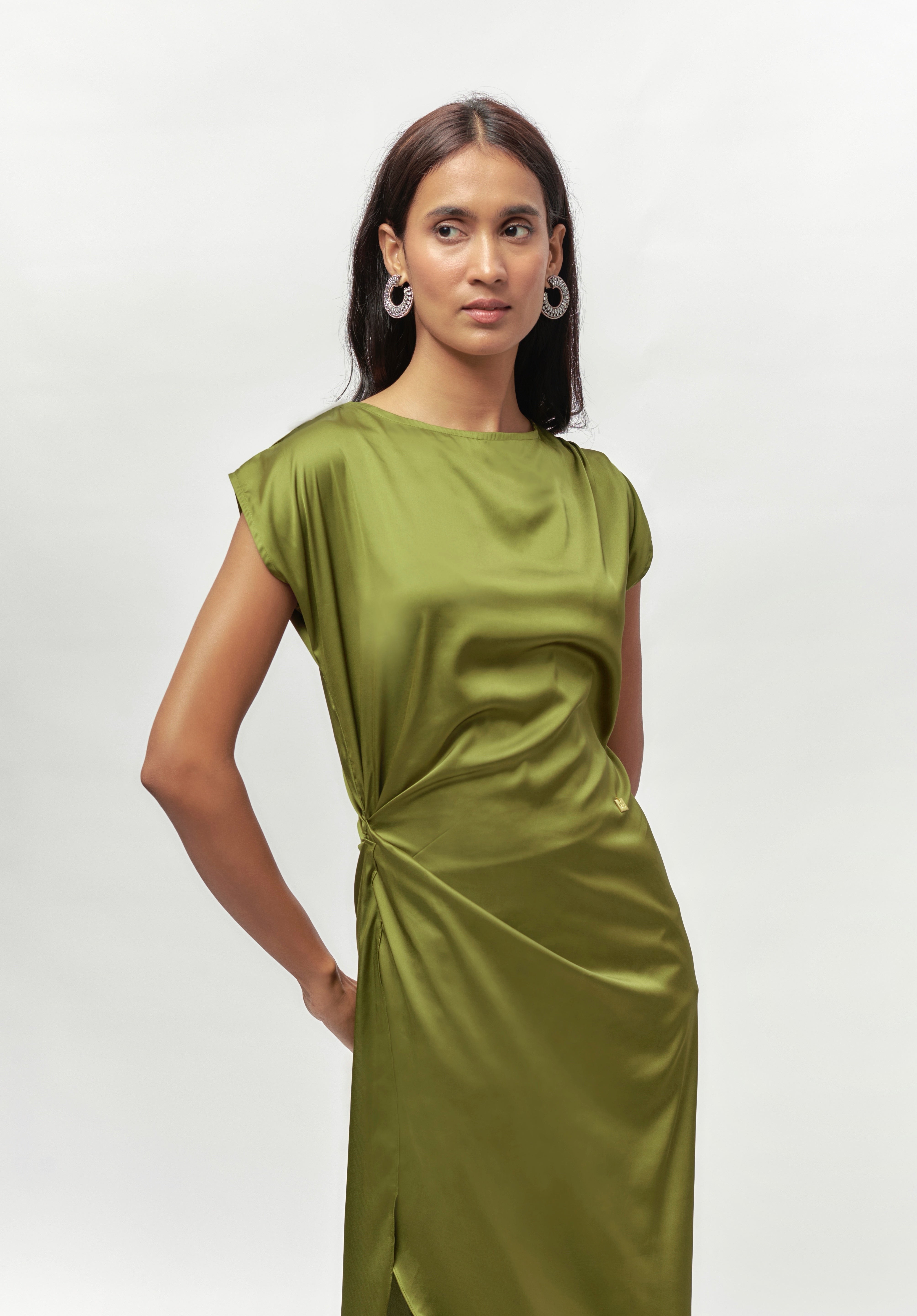 OLIVE GREEN DRAPE SATIN DRESS