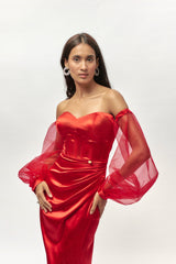 RED CORSET DRAPE GOWN WITH SLEEVES