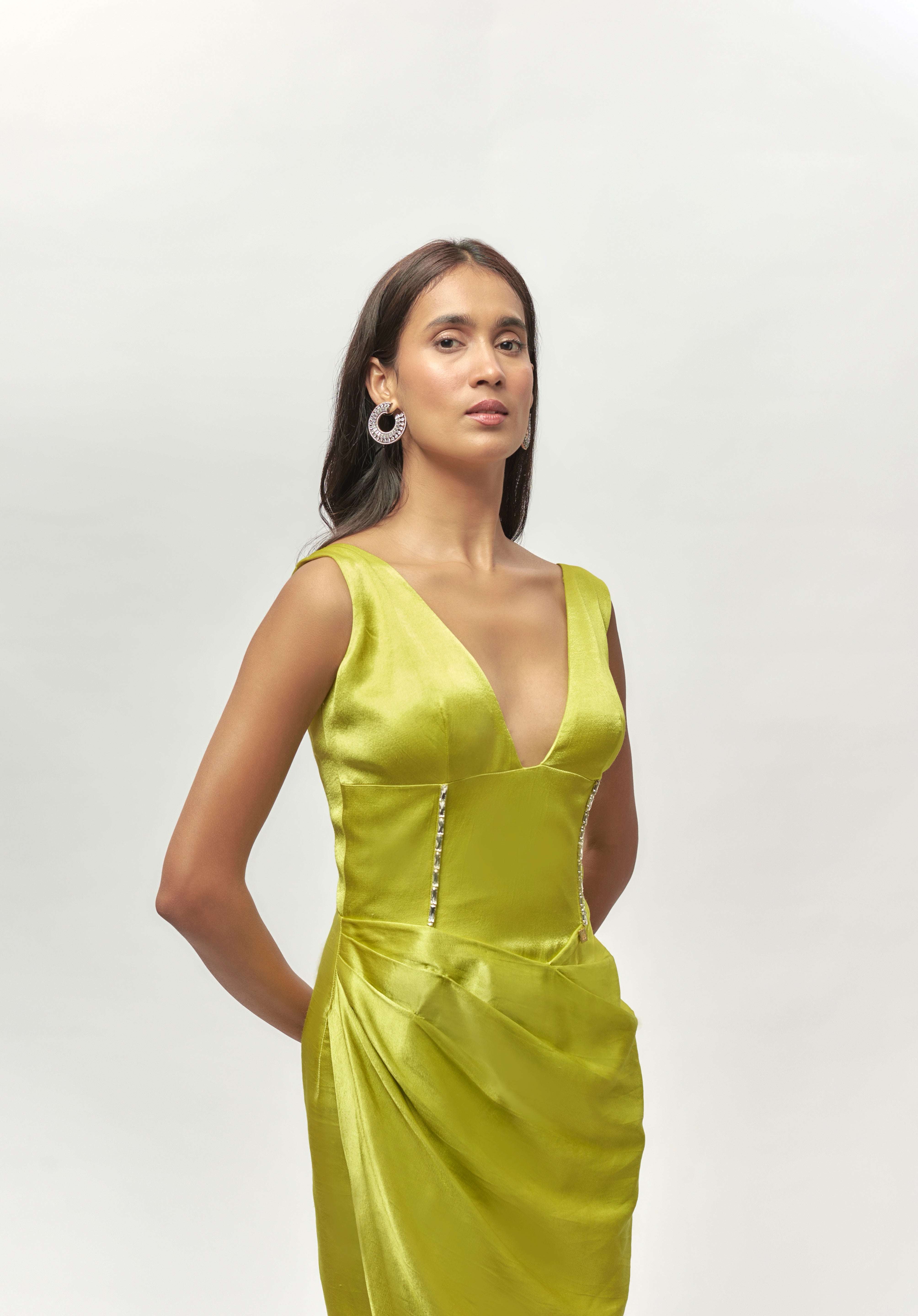 NEON GREEN DRAPE EMBELLISHED GOWN