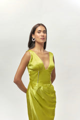 NEON GREEN DRAPE EMBELLISHED GOWN