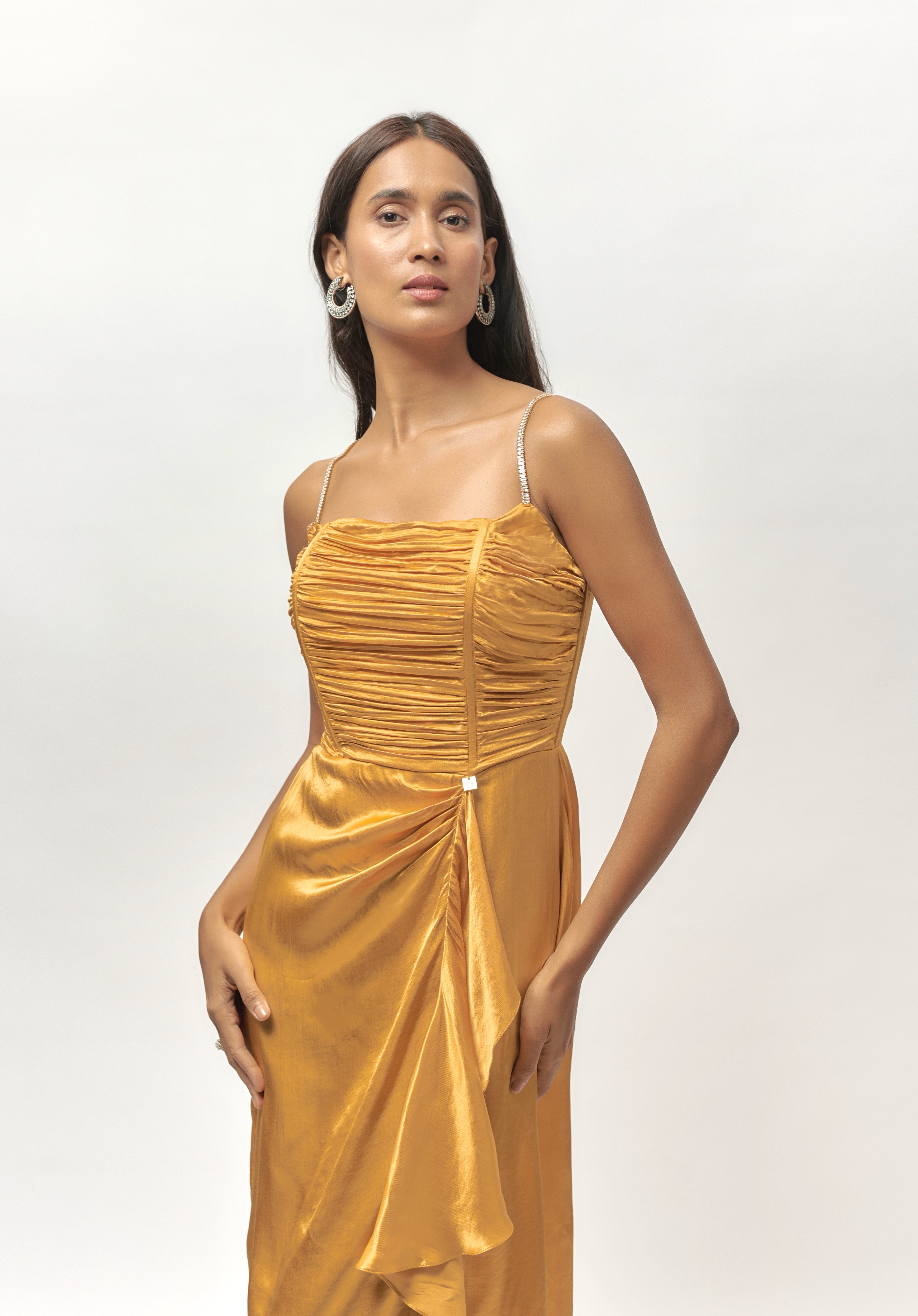 GOLDEN EMBELLISHED CORSET DRAPE DRESS