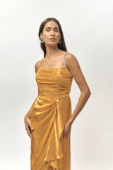 GOLDEN EMBELLISHED CORSET DRAPE DRESS