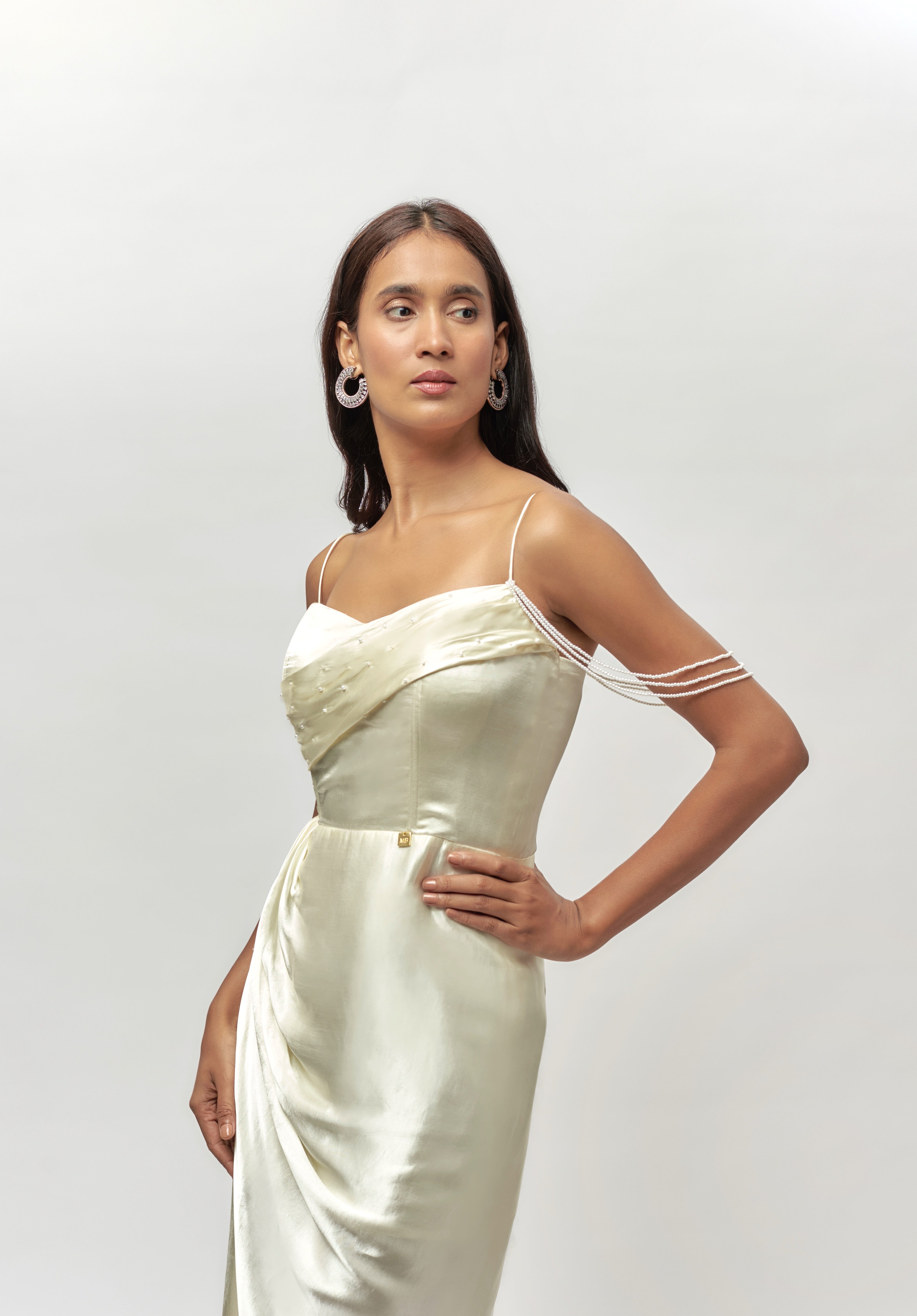 Off white corset drape embellished dress