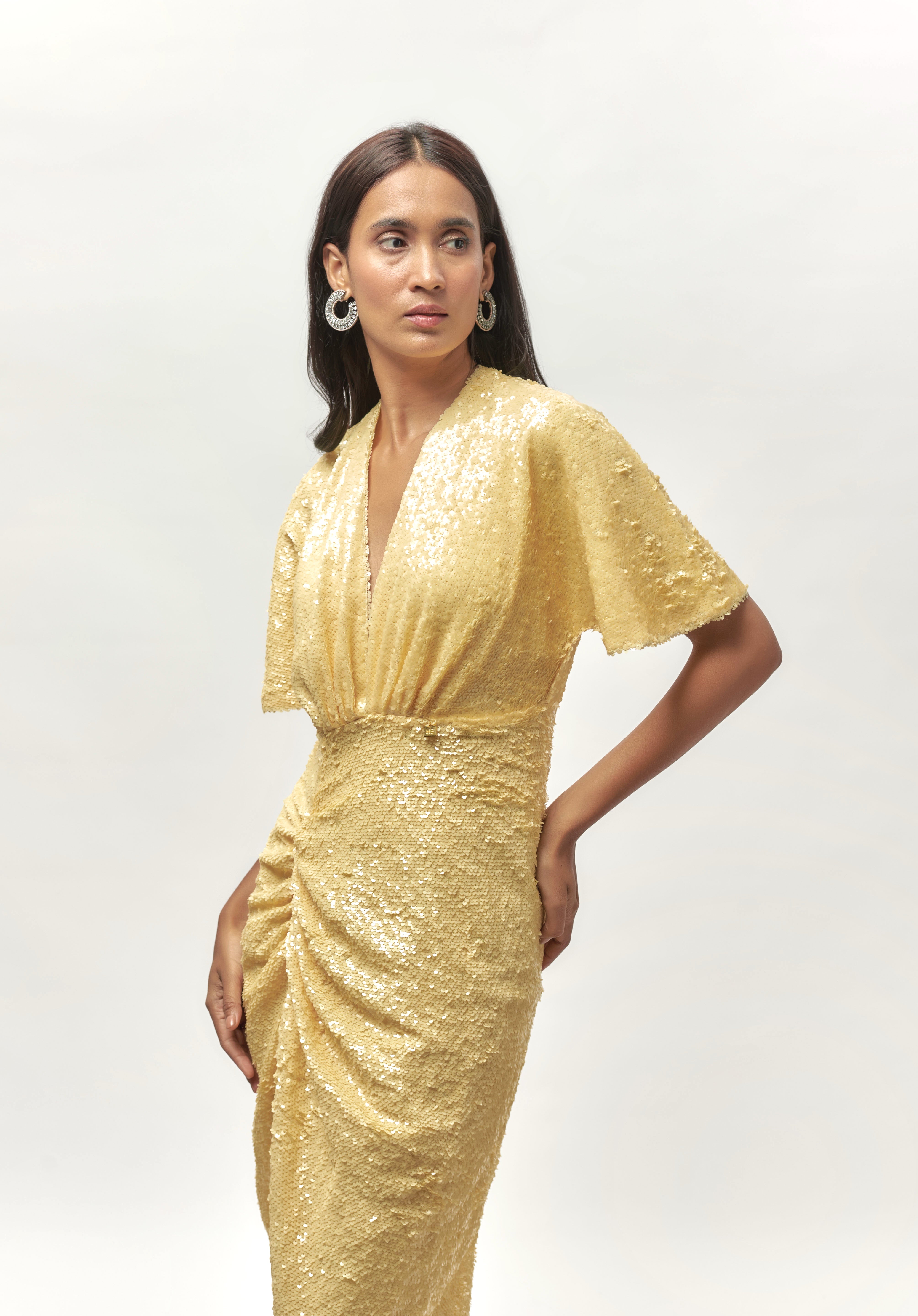 YELLOW SEQUIN DRAPE DRESS