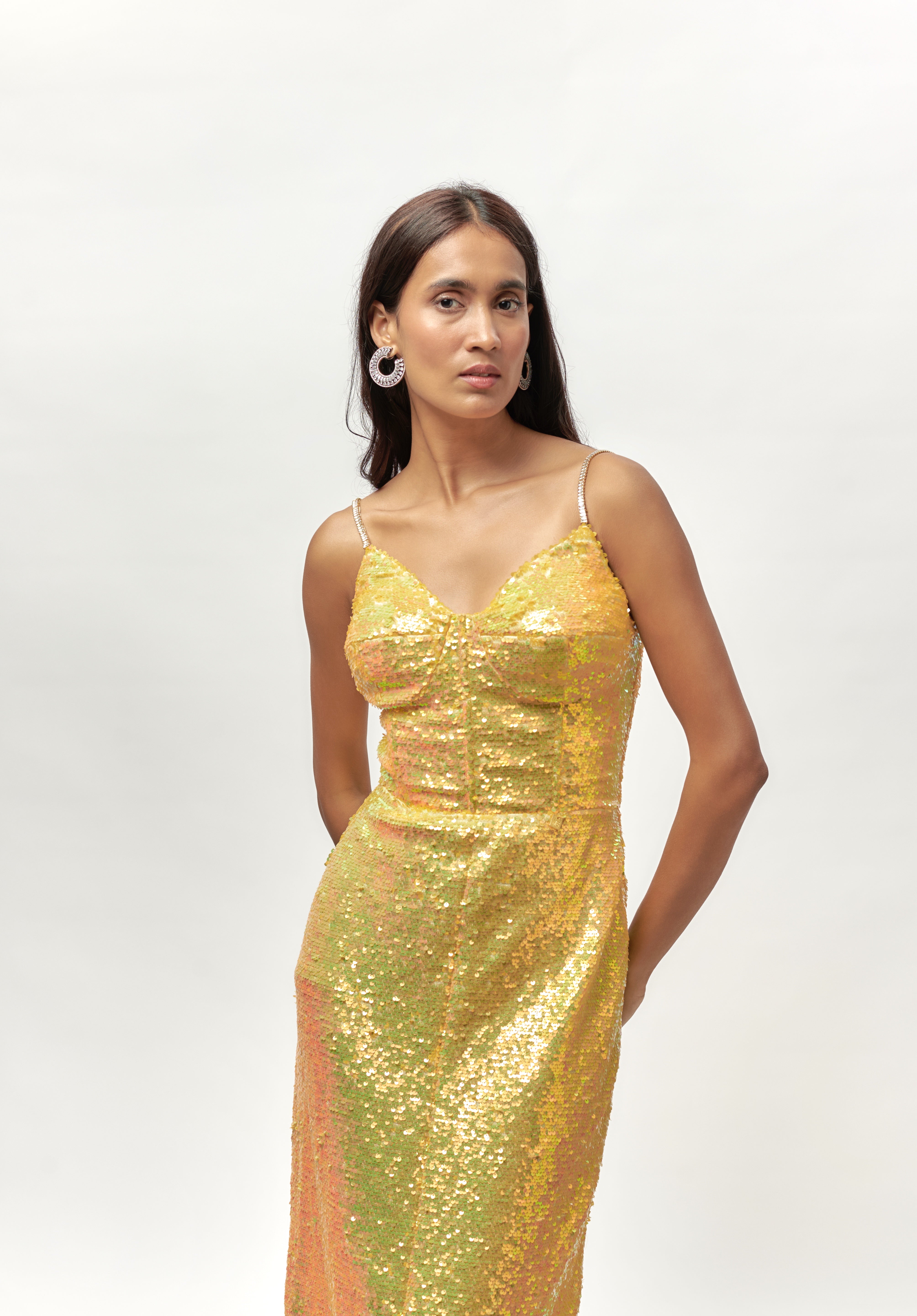 yellow sequin embellished dress