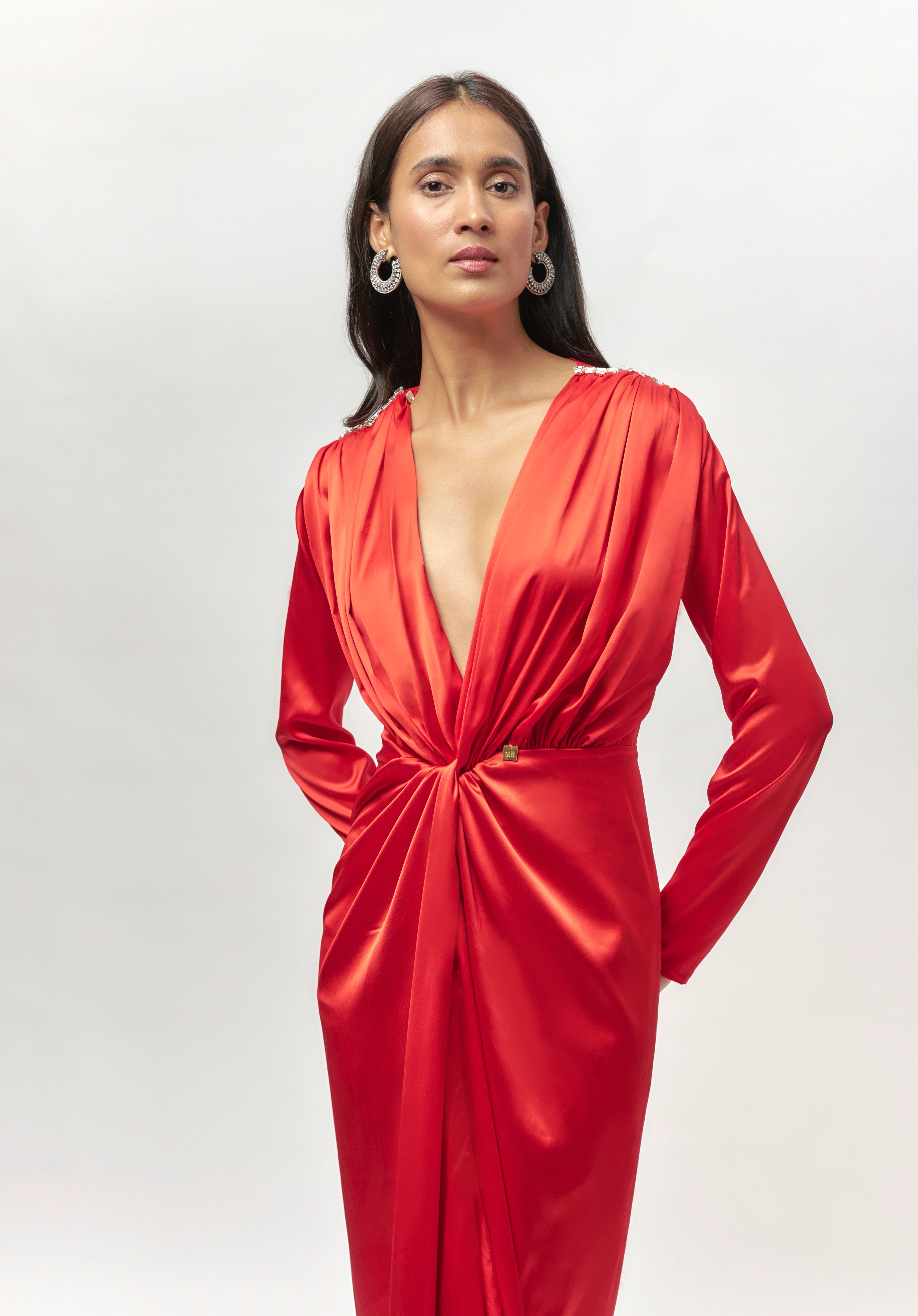 RED EMBELLISHED DRAPE DRESS