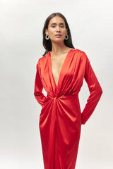 RED EMBELLISHED DRAPE DRESS