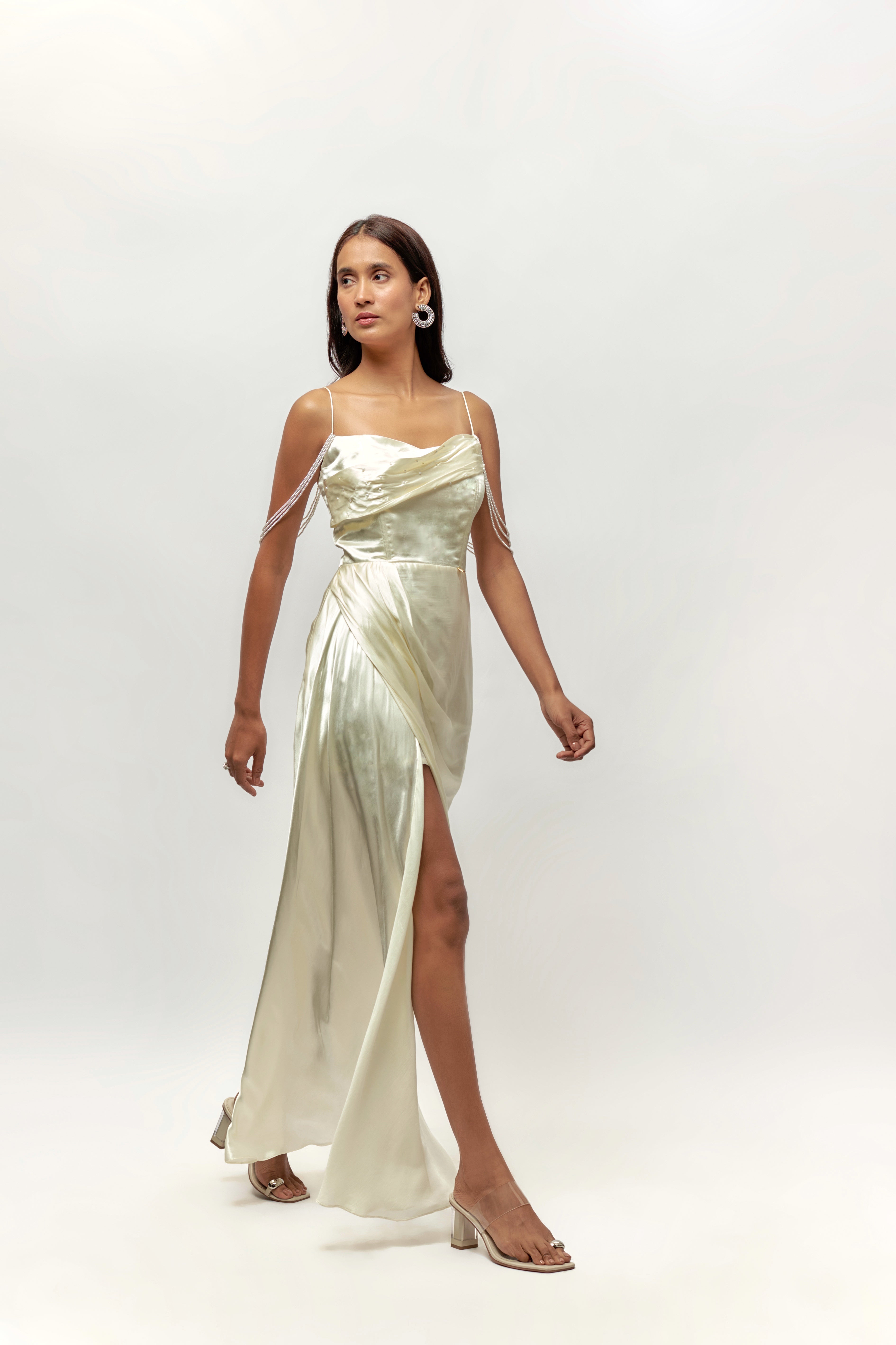 Off white corset drape embellished dress