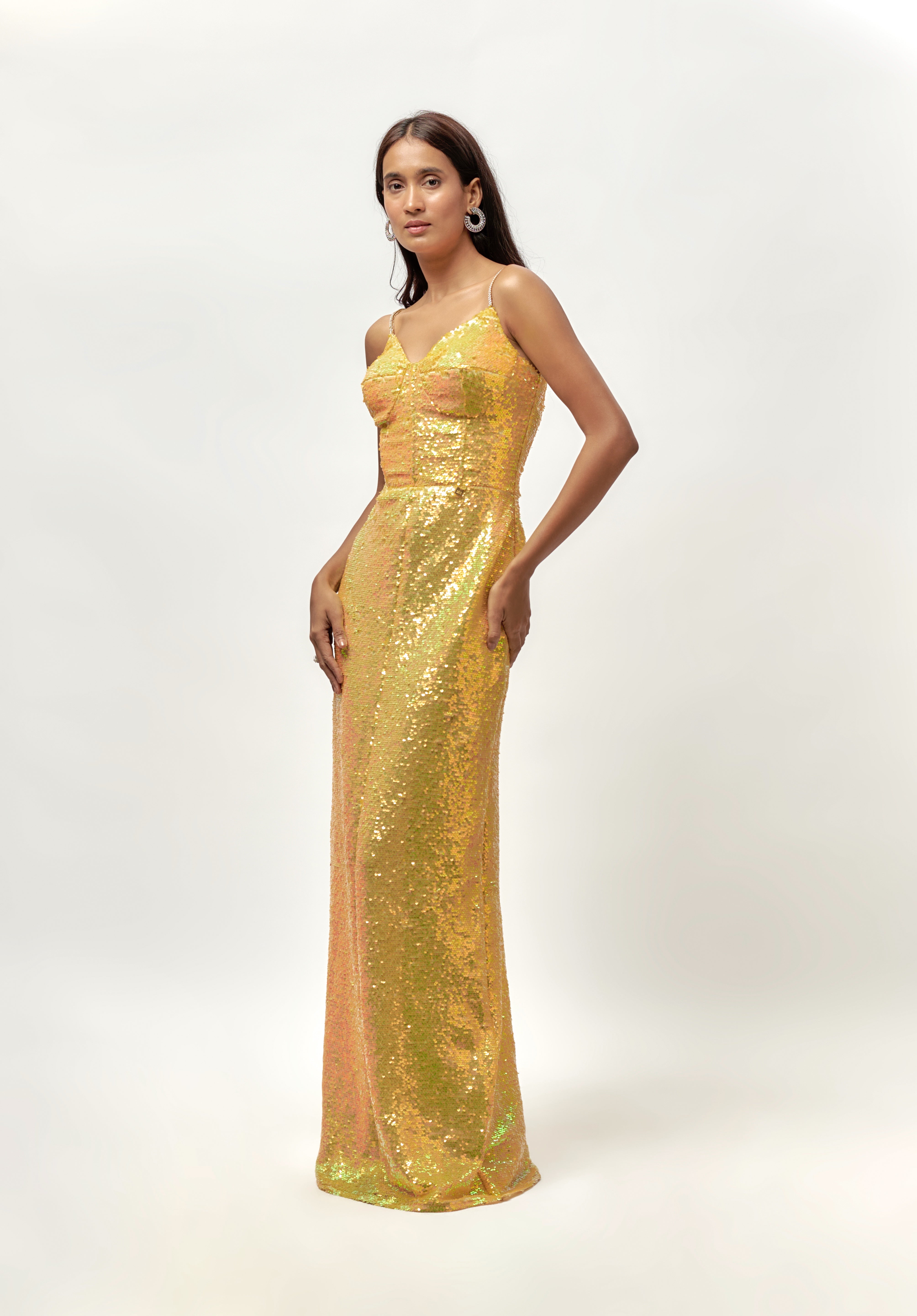 yellow sequin embellished dress