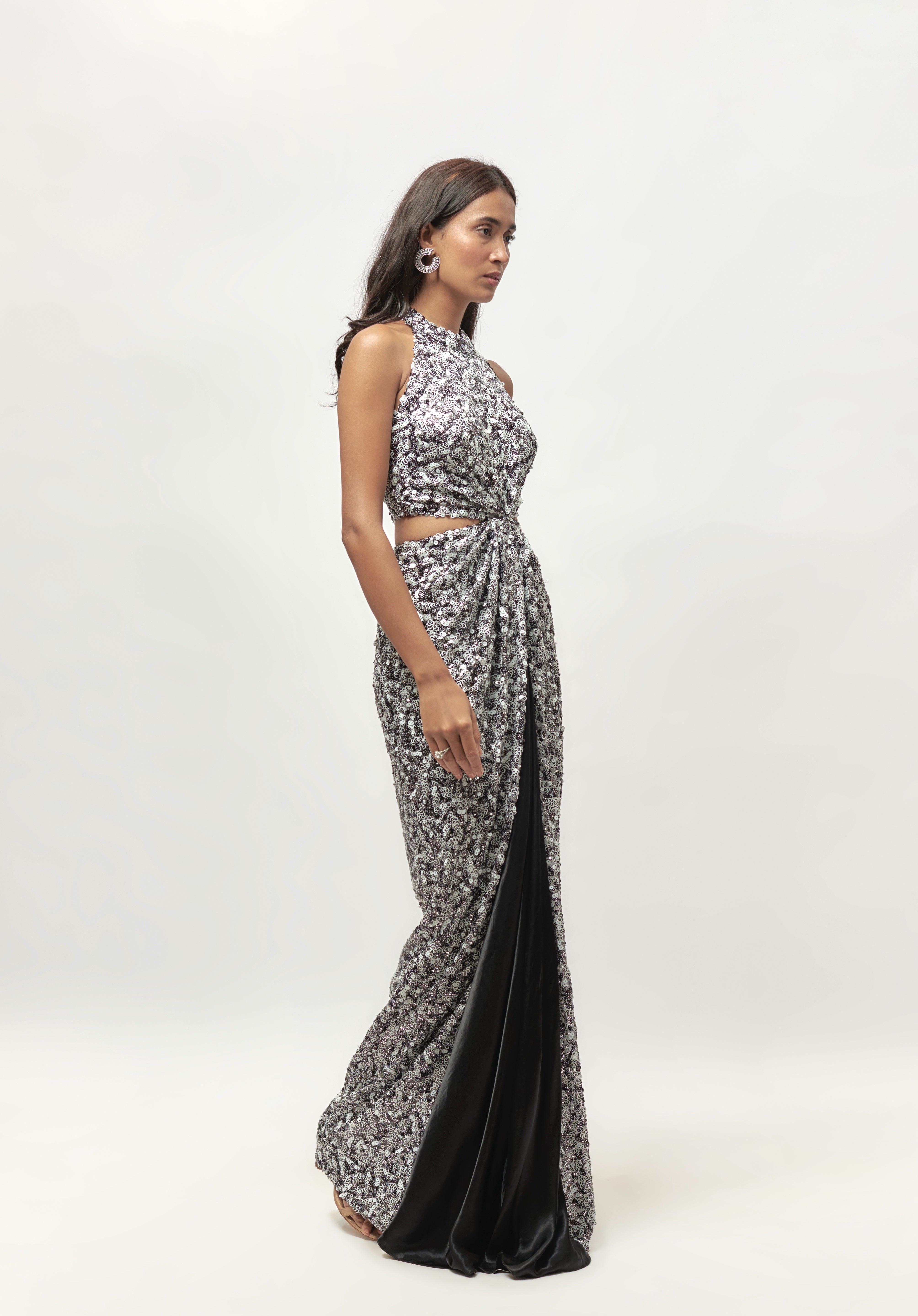 BLACK AND WHITE SEQUIN HALTER NECK CUT OUT GOWN