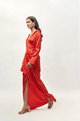 RED DRAPE SHIRT DRESS