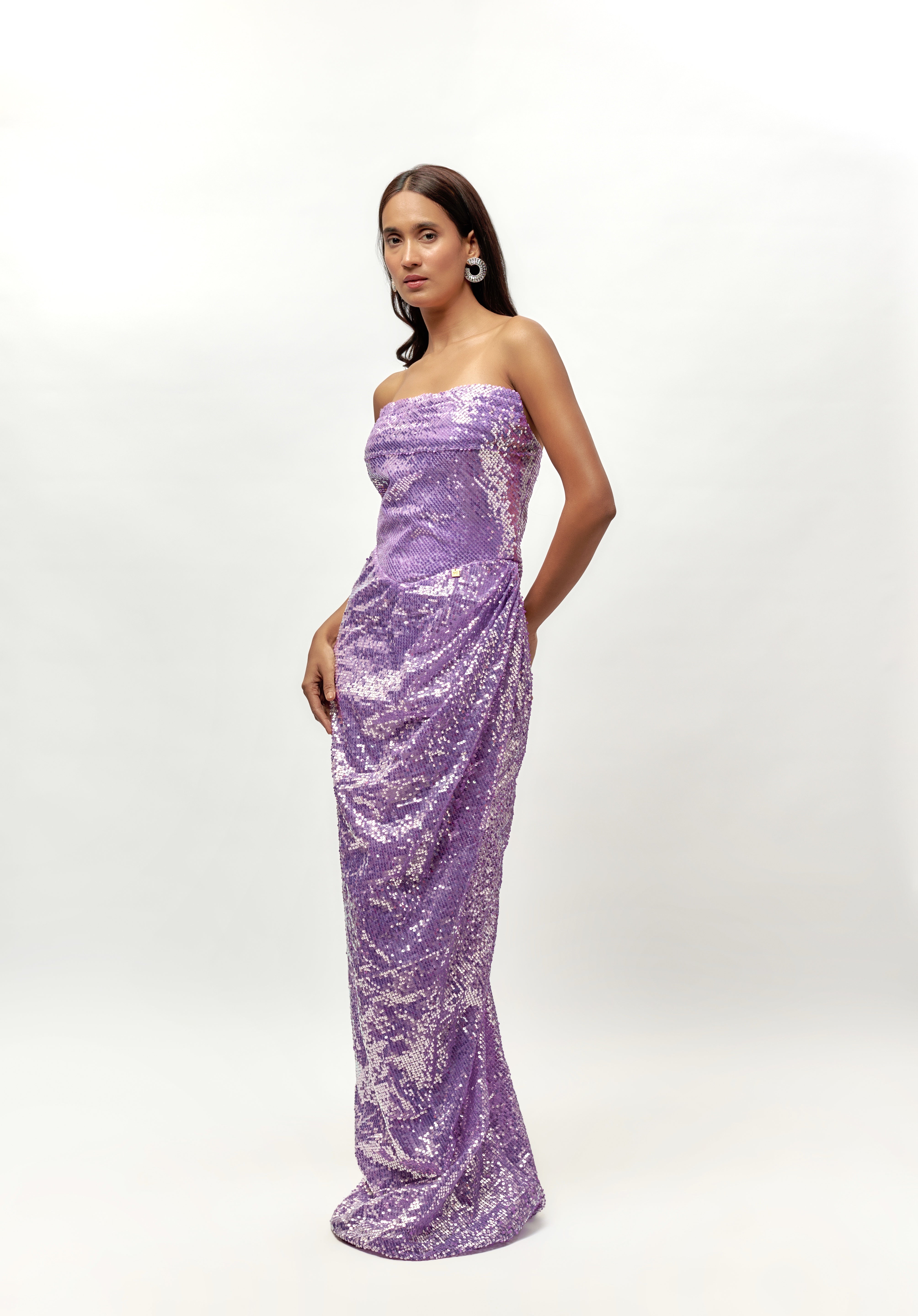 lilac sequin corset drape gown