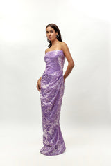 lilac sequin corset drape gown