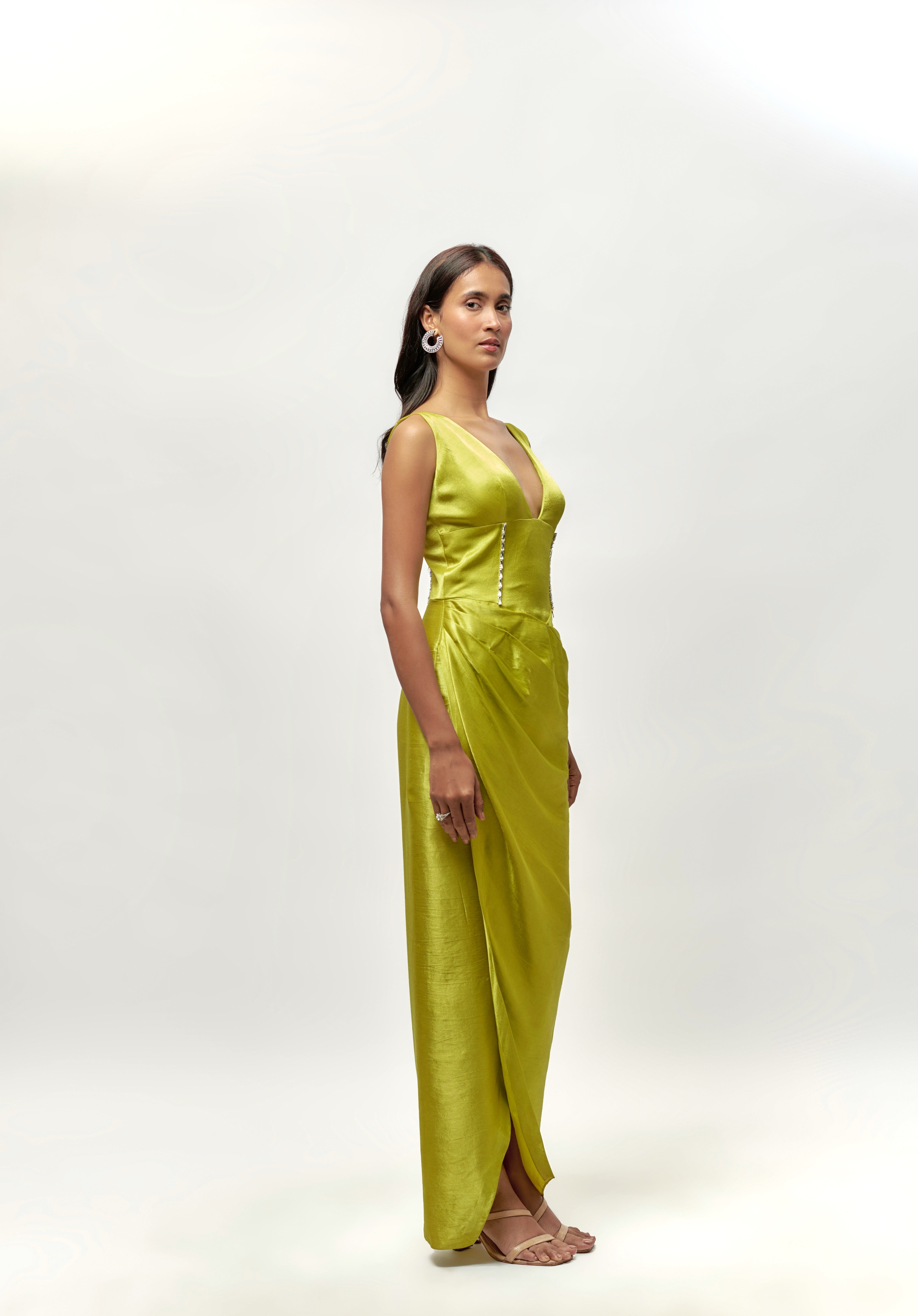 NEON GREEN DRAPE EMBELLISHED GOWN