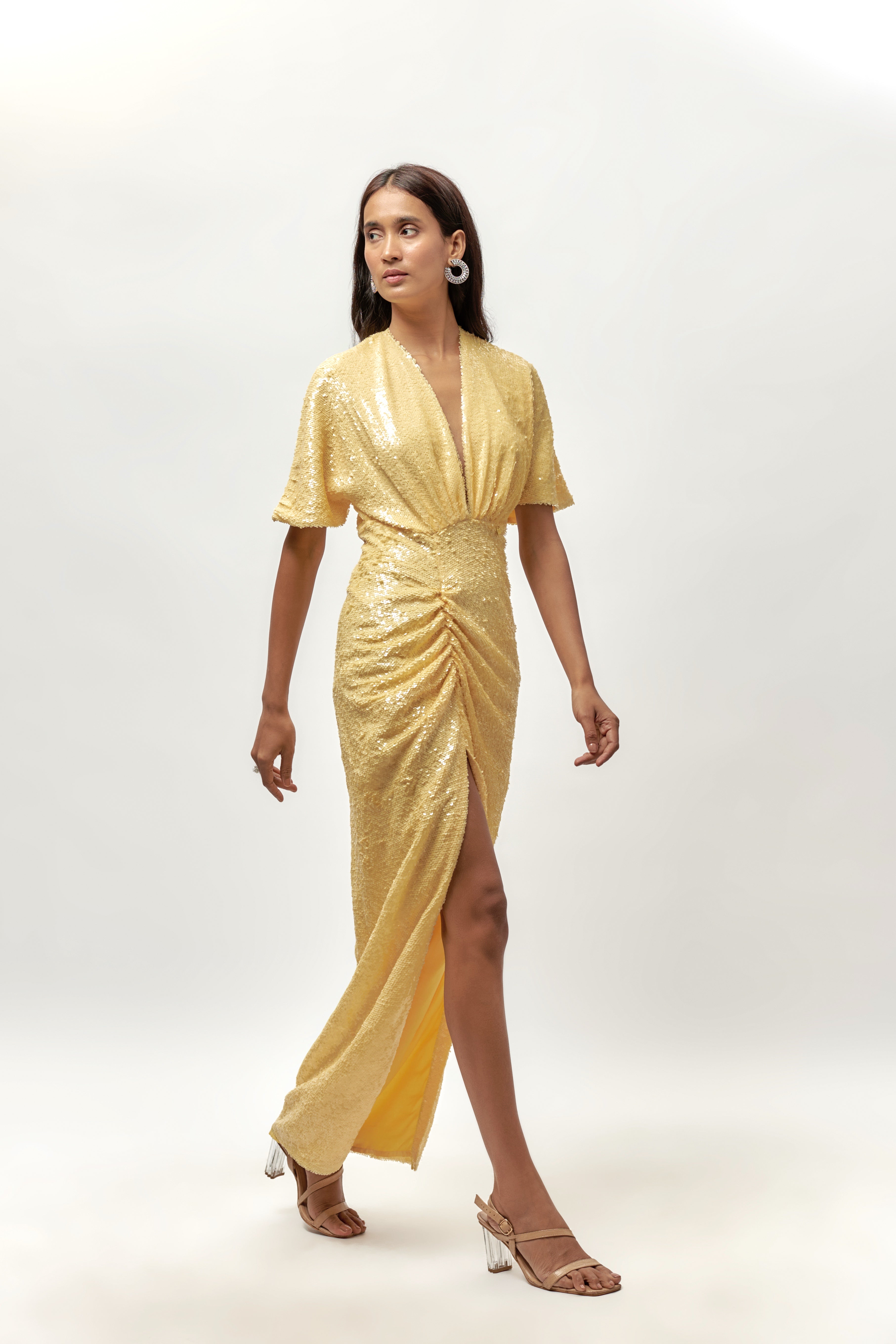 YELLOW SEQUIN DRAPE DRESS