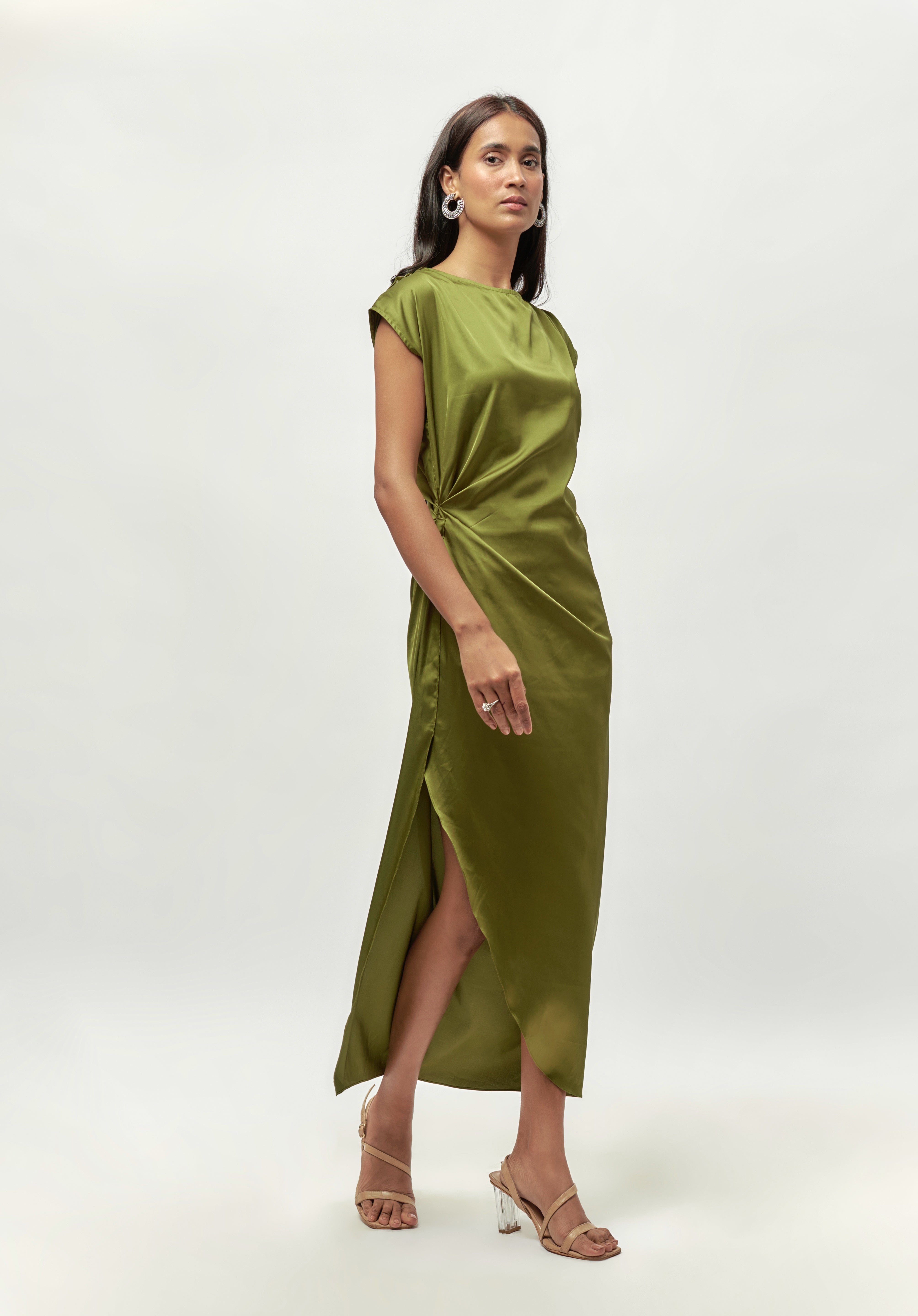 OLIVE GREEN DRAPE SATIN DRESS