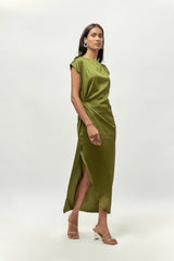 OLIVE GREEN DRAPE SATIN DRESS