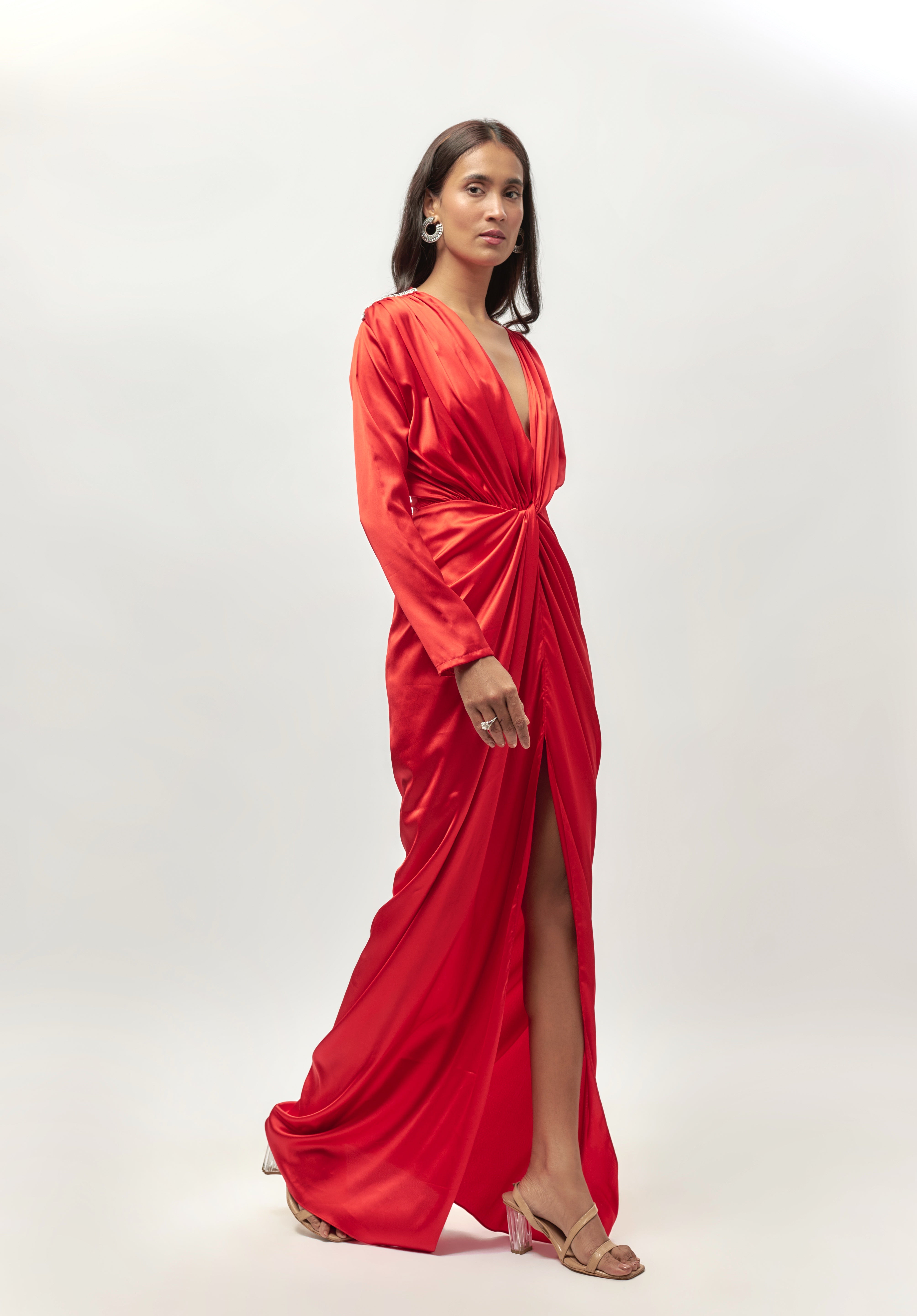 RED EMBELLISHED DRAPE DRESS