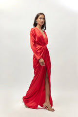 RED EMBELLISHED DRAPE DRESS